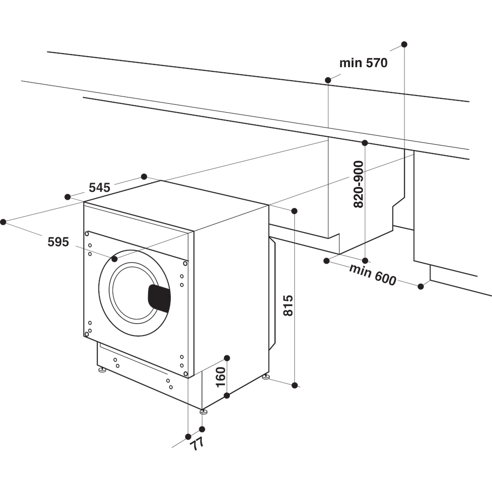 Diagram of a washing machine with dimensions. Shows the machine's height, width, and depth with measurement lines.