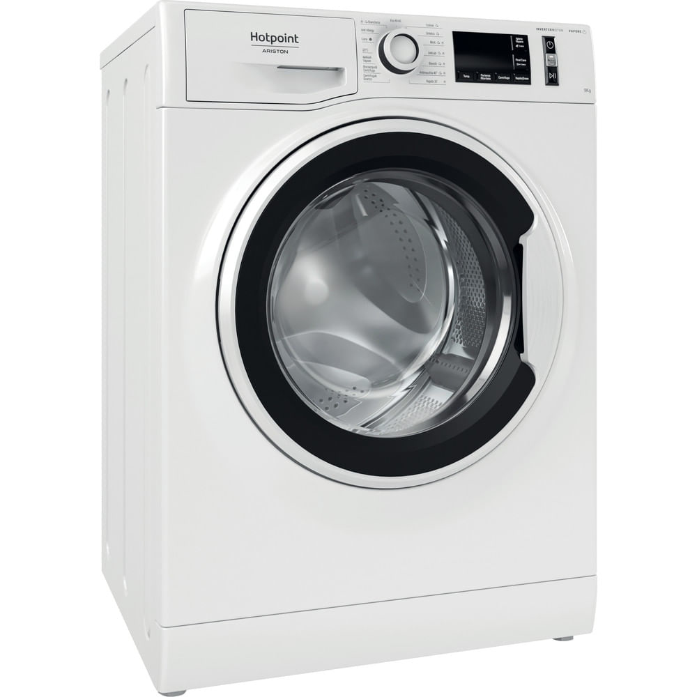 Lavatrice bianca Hotpoint Ariston. Vista frontale, leggermente angolata. Porta nera, pannello comandi.
