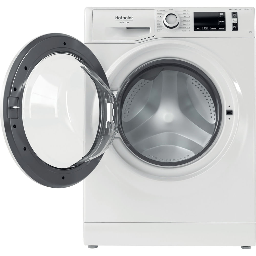 Lavatrice bianca Hotpoint Ariston. Porta aperta, mostra il cestello interno. Cornice grigia.