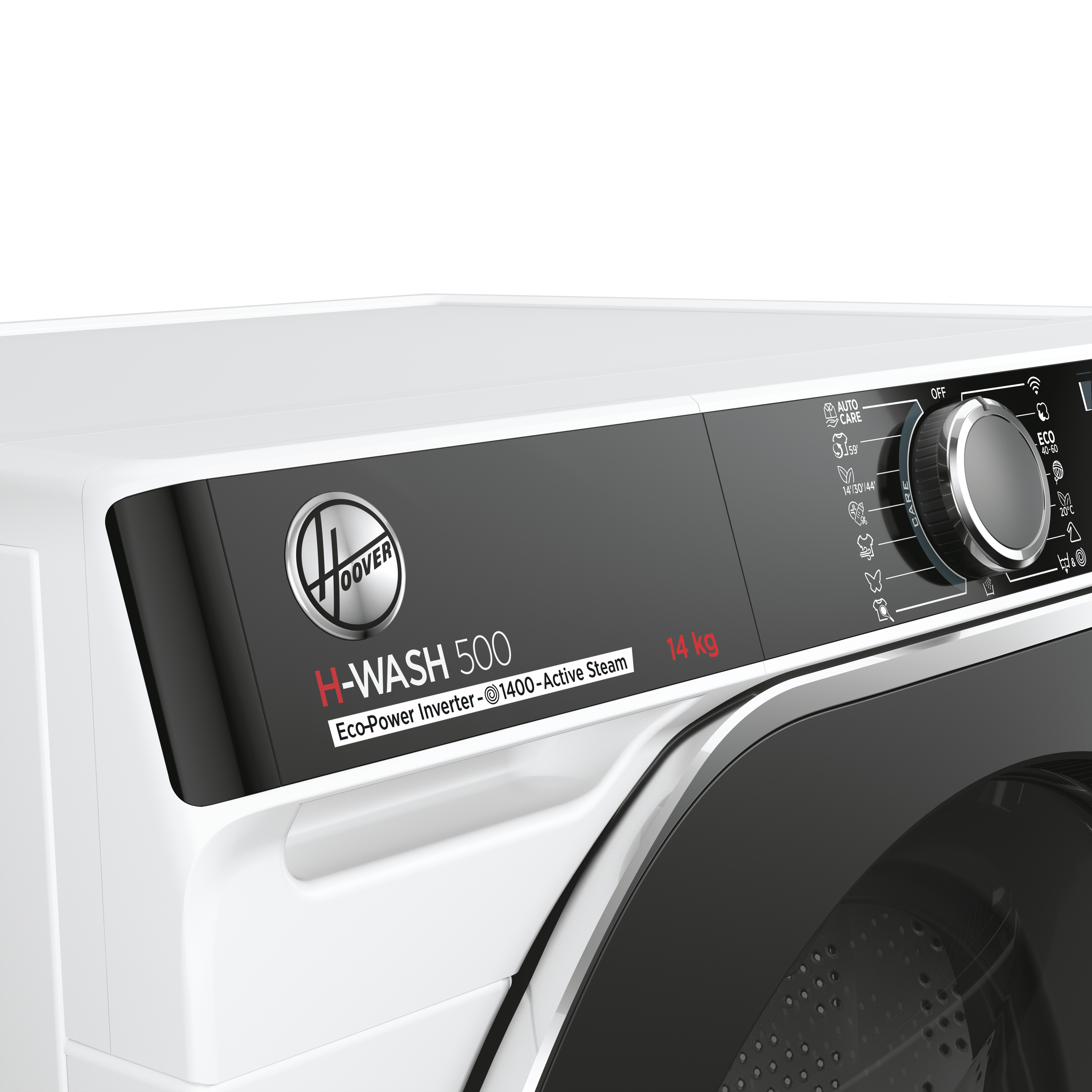 Panneau de commande de lave-linge. Marque Hoover. Design noir et blanc. Affichage.