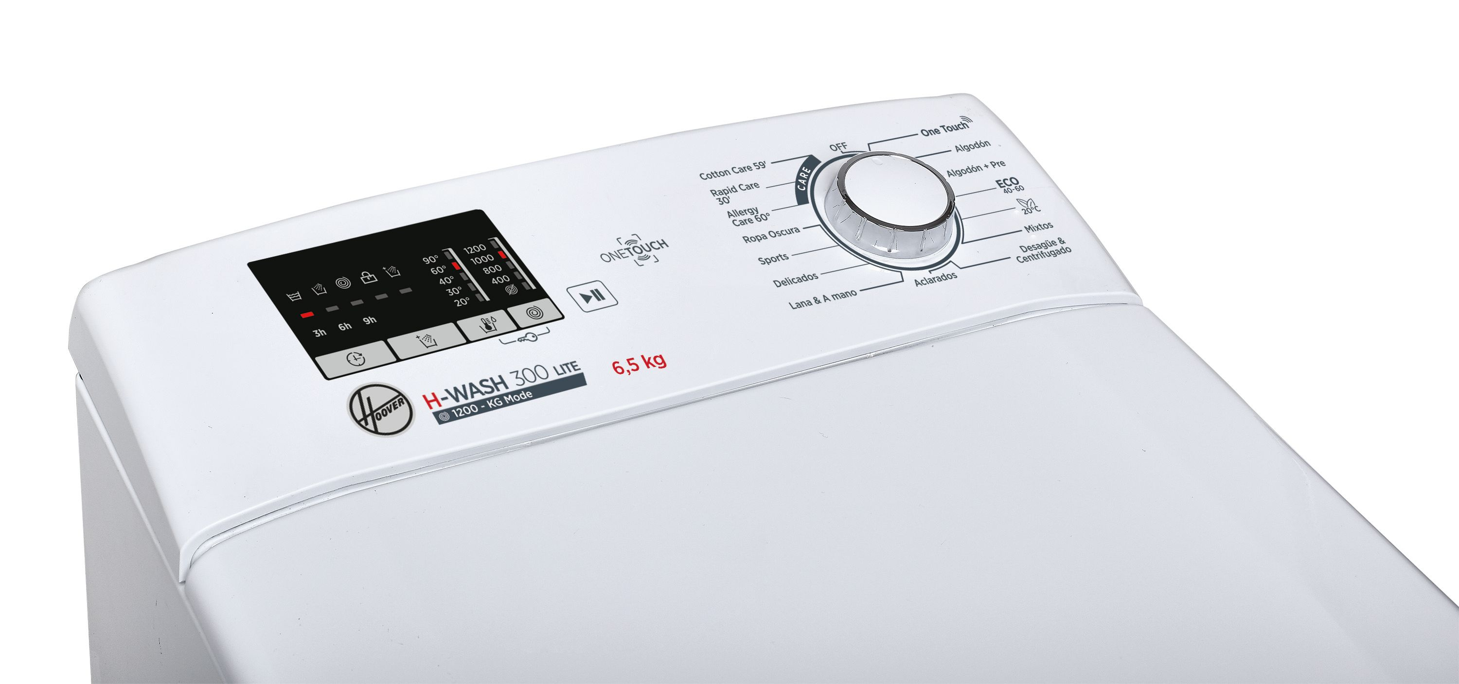 Panel de control de lavadora blanco. Marca Hoover. Pantalla digital y dial.