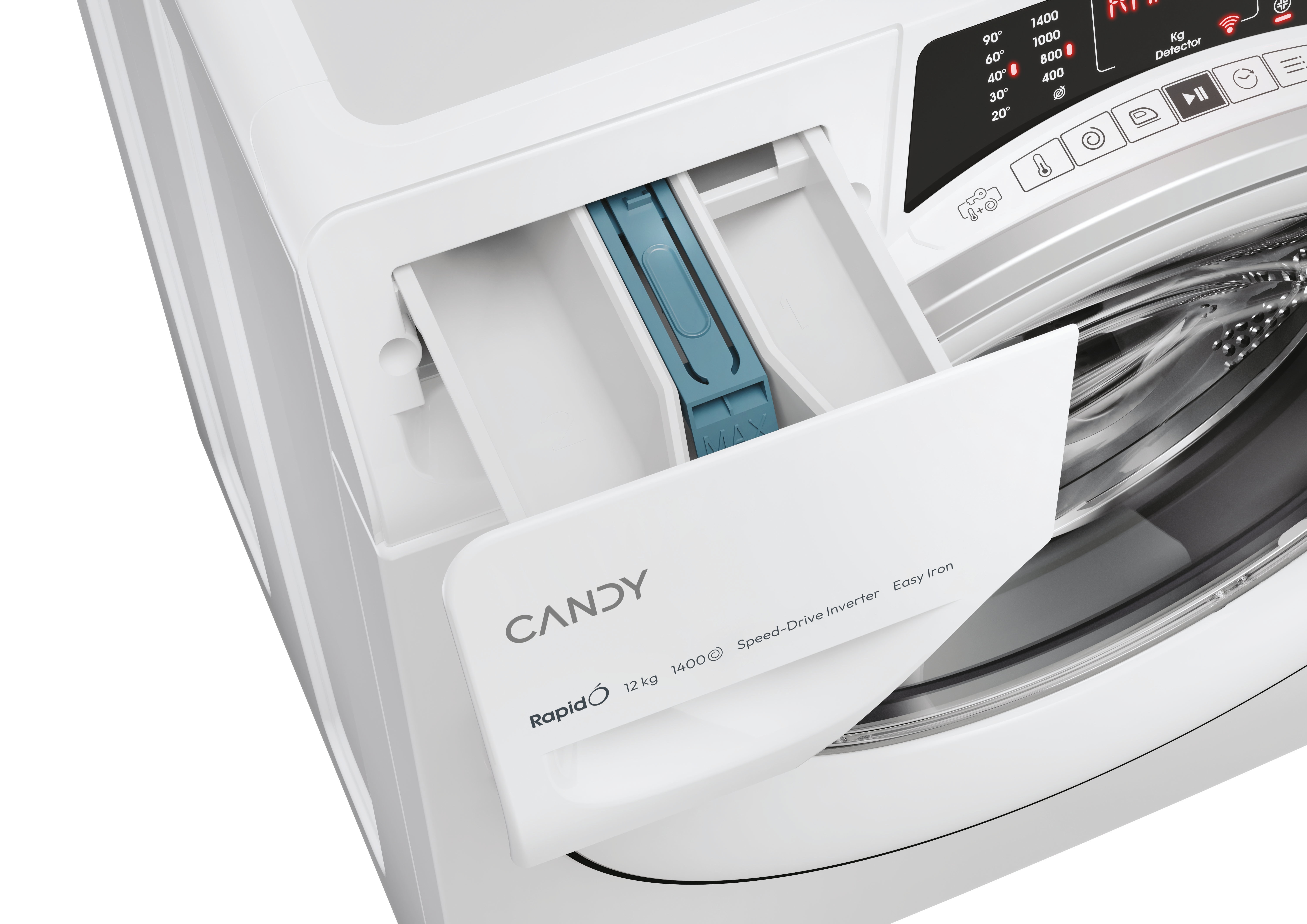 Zbliżenie na szufladę na detergent białej pralki. Szuflada jest częściowo otwarta.