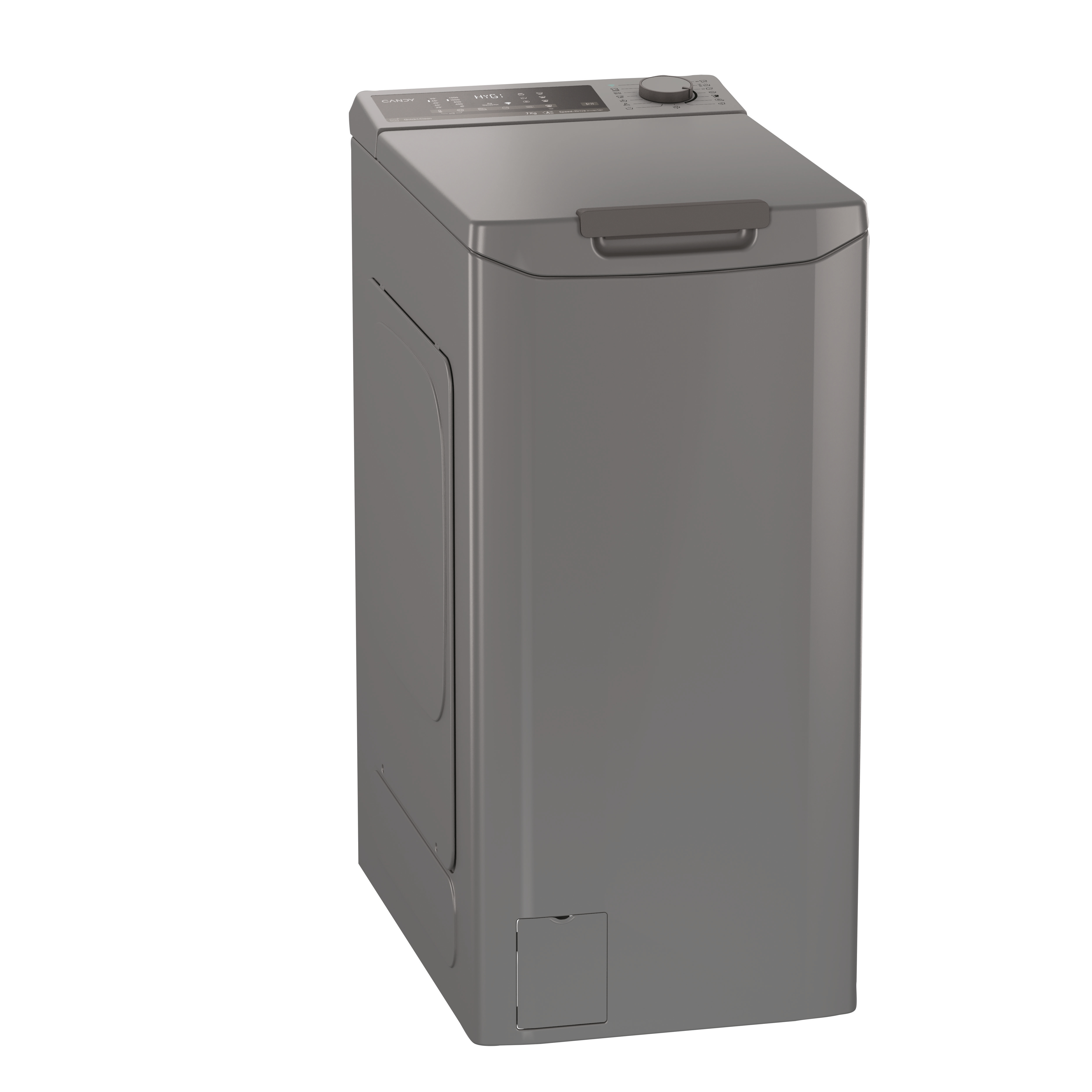 Szara pralka ładowana od góry z zamkniętą pokrywą, stojąca na białym tle.