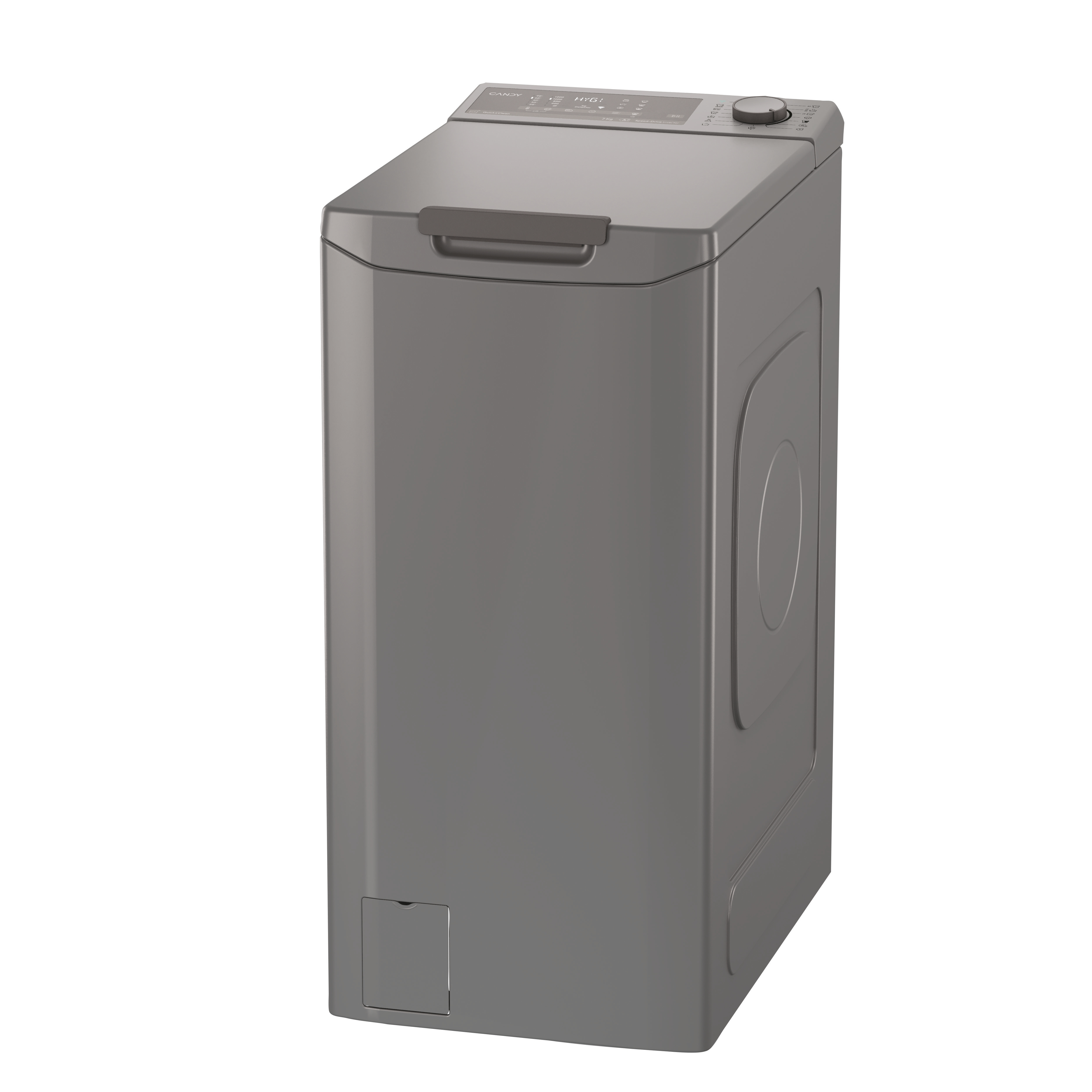 Szara pralka ładowana od góry, z panelem sterowania u góry i drzwiami z przodu.
