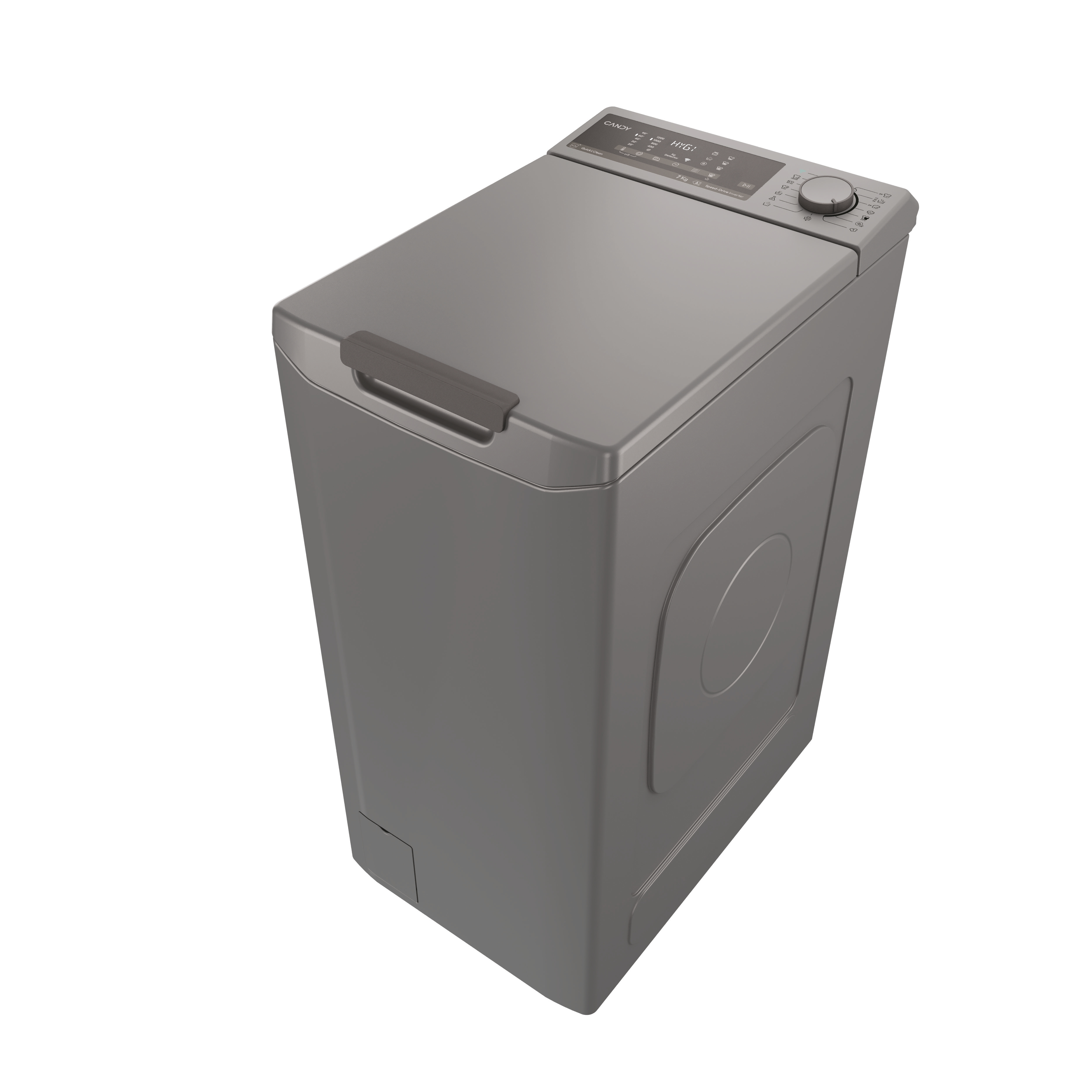 Szara pralka ładowana od góry z zamkniętą pokrywą, na białym tle.