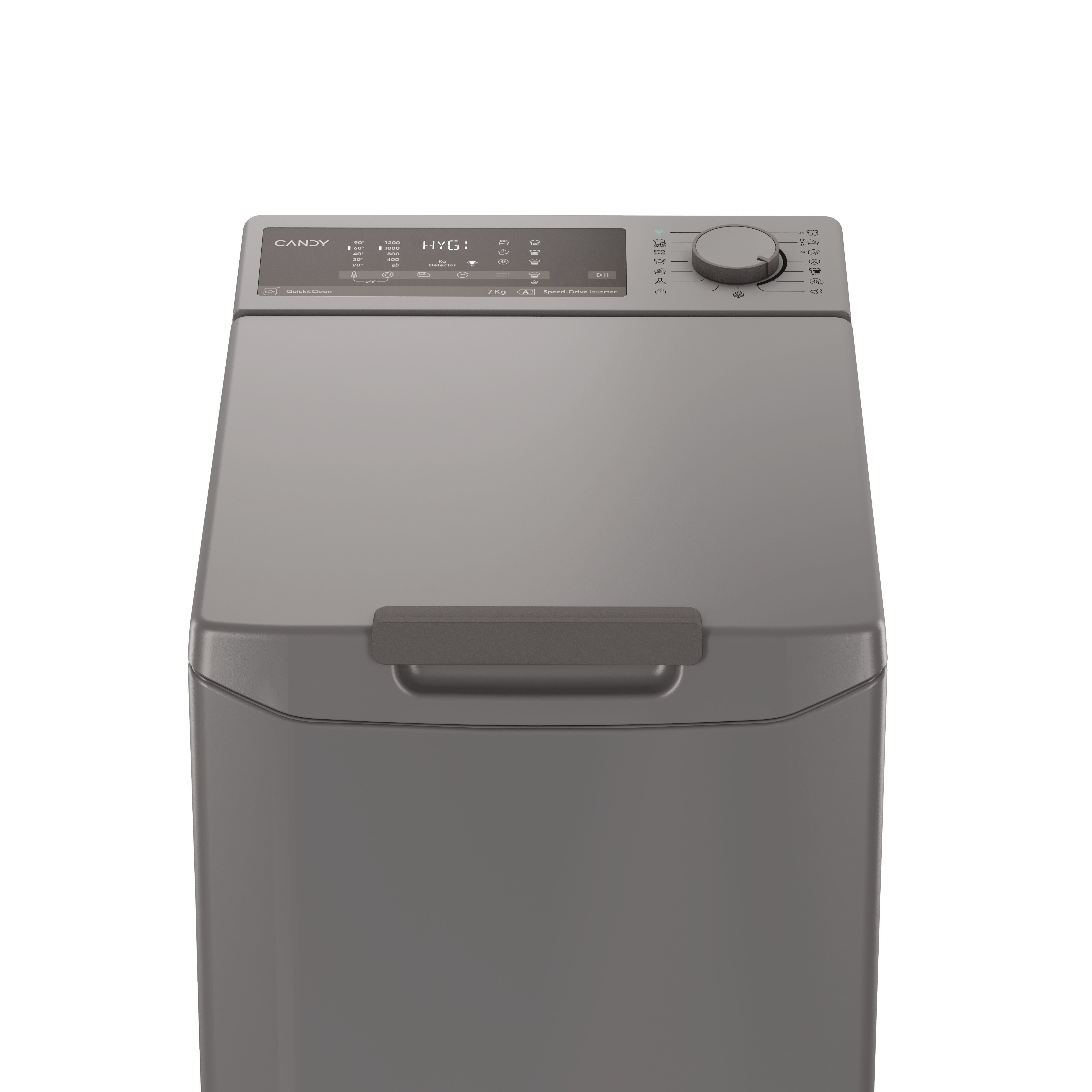 Szara pralka ładowana od góry z cyfrowym wyświetlaczem i panelem sterowania, na białym tle.