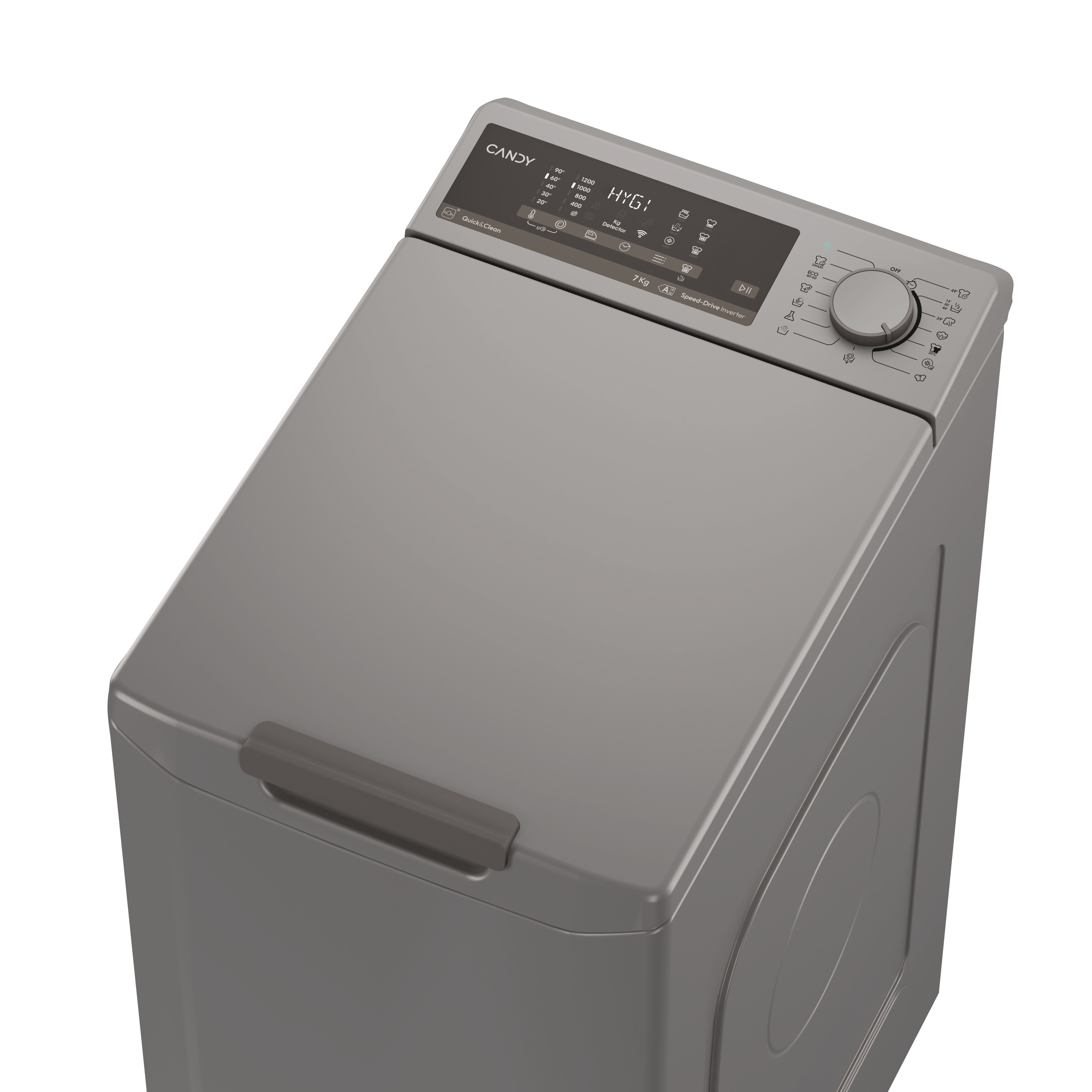 Szara pralka ładowana od góry z cyfrowym wyświetlaczem i panelem sterowania na białym tle.