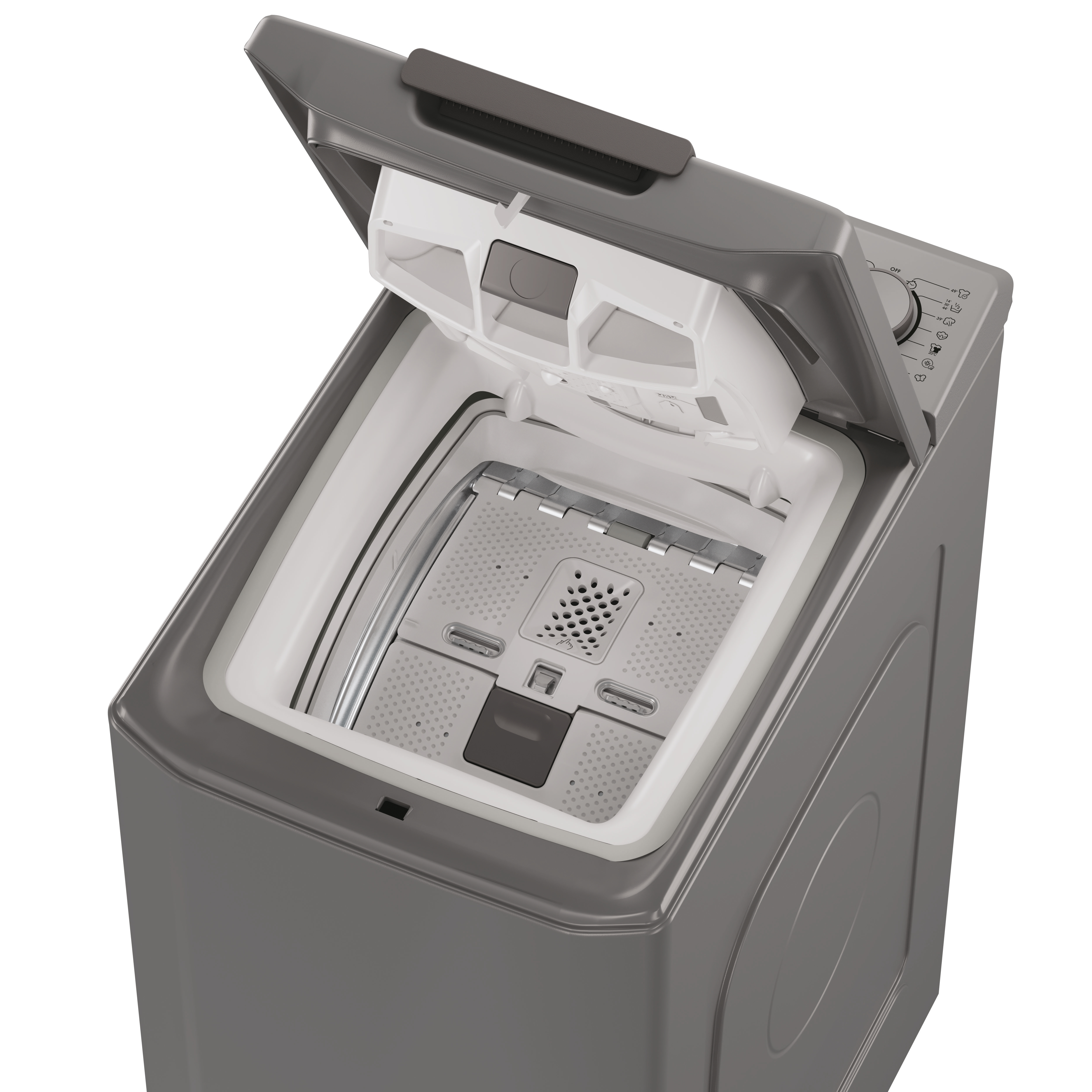 Szara pralka ładowana od góry z otwartą pokrywą, odsłaniająca wewnętrzne elementy na białym tle.