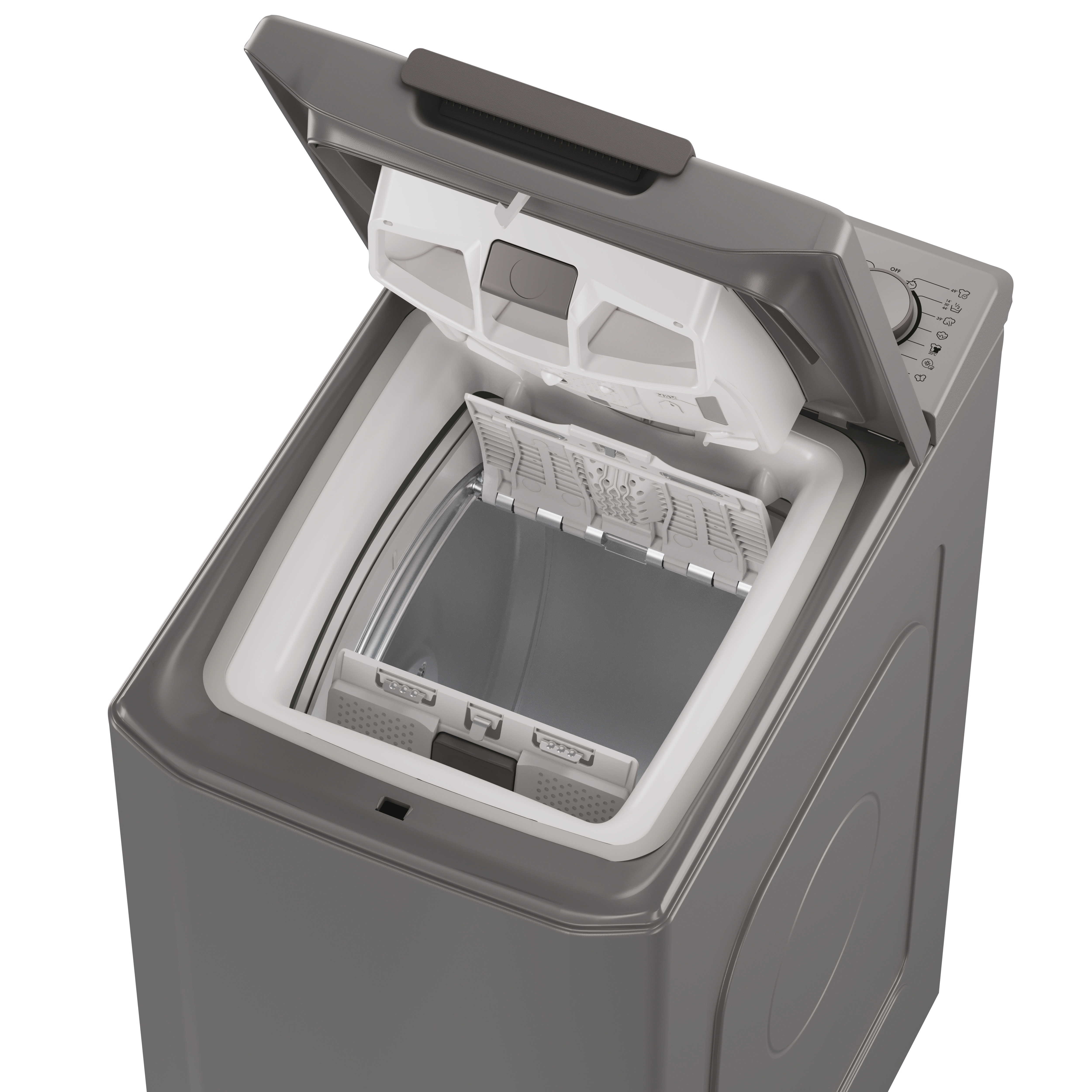 Szara pralka ładowana od góry z otwartą pokrywą, odsłaniająca wewnętrzne elementy na białym tle.