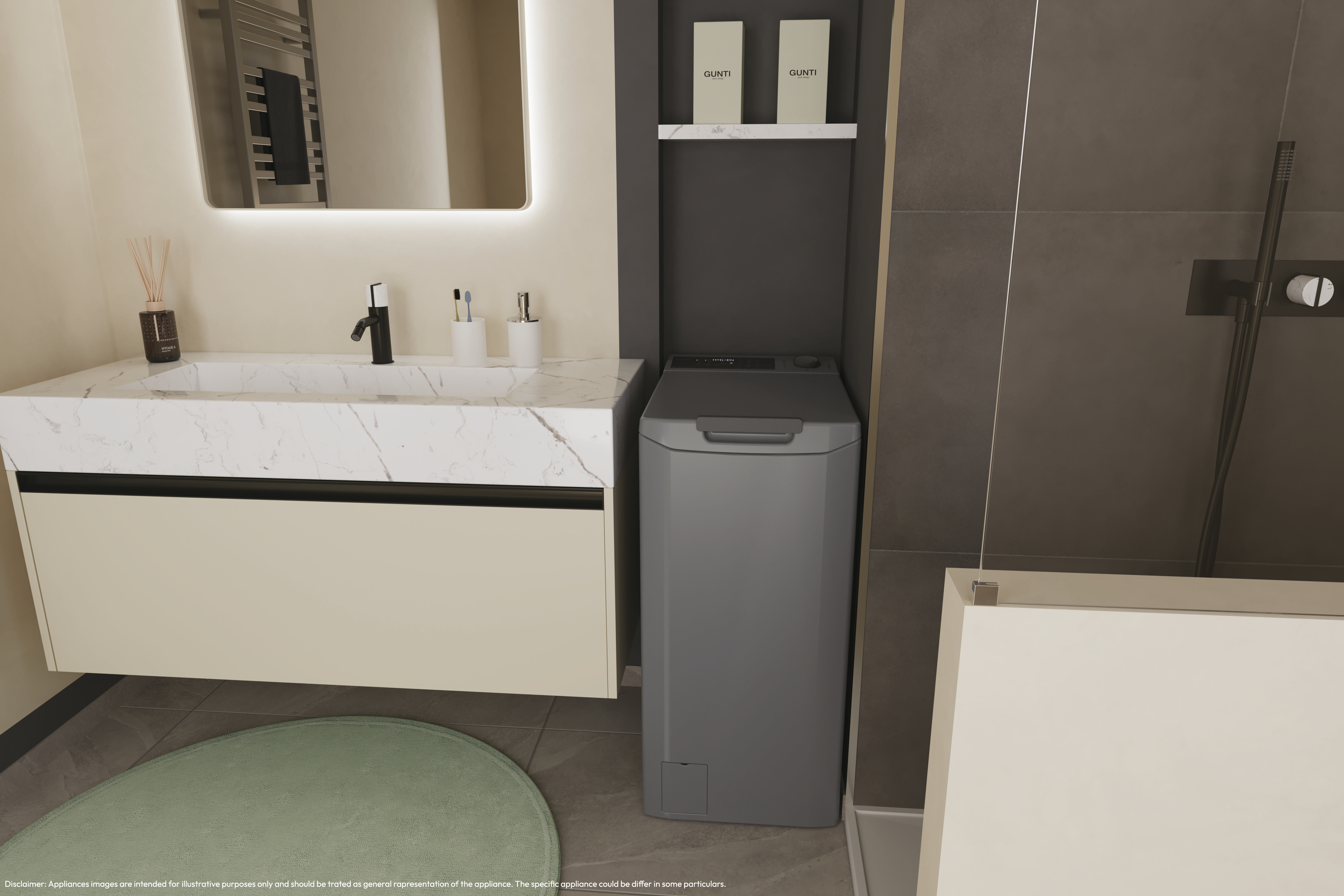 Łazienka z białą toaletką, lustrem i szarą pralką. Zielony dywan leży na podłodze.