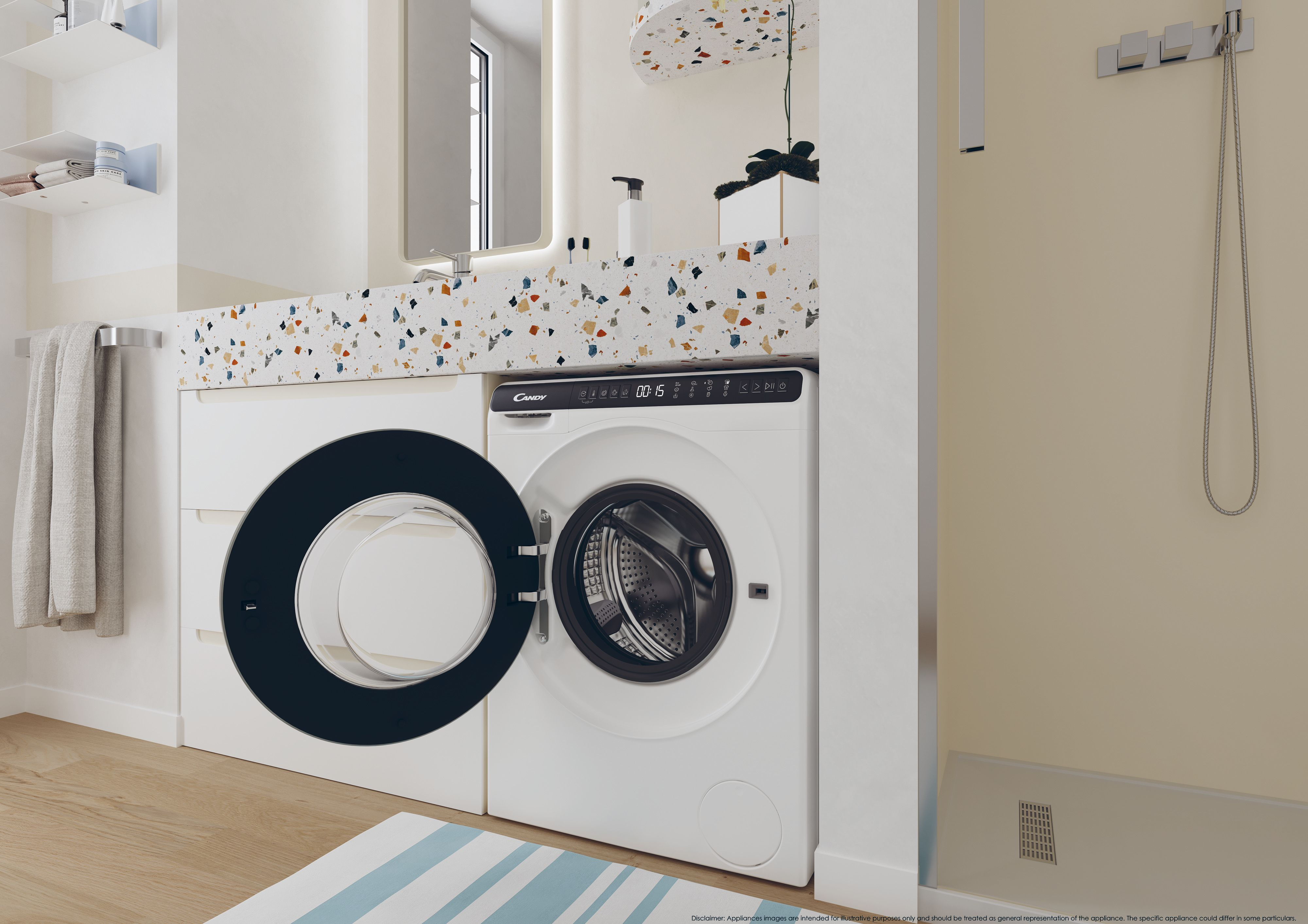 Una lavatrice a carica frontale bianca installata in un bagno con mobili bianchi e ripiani colorati.