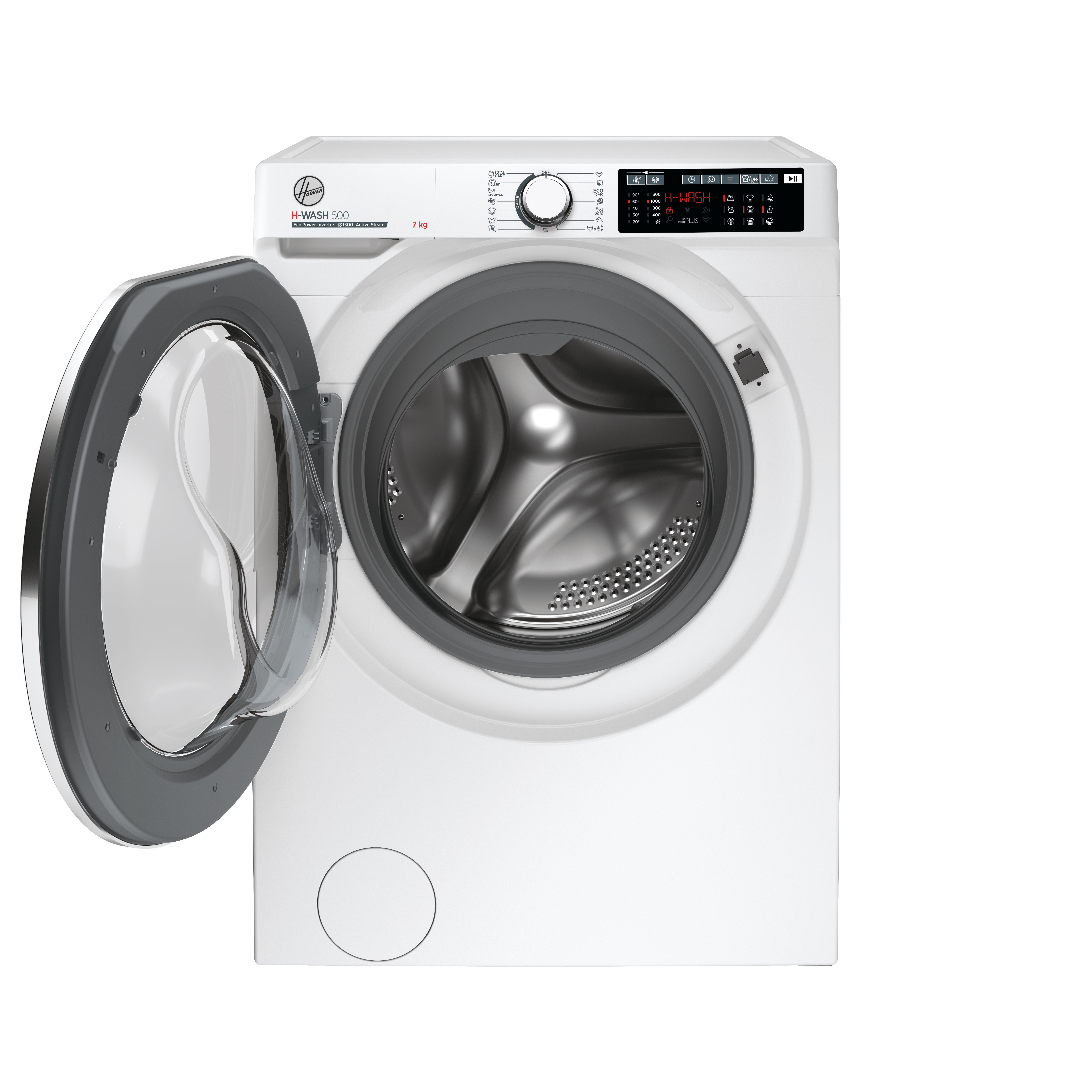Una lavatrice H-Wash 300 bianca con una porta aperta, che mostra il cestello in acciaio inossidabile all'interno.
