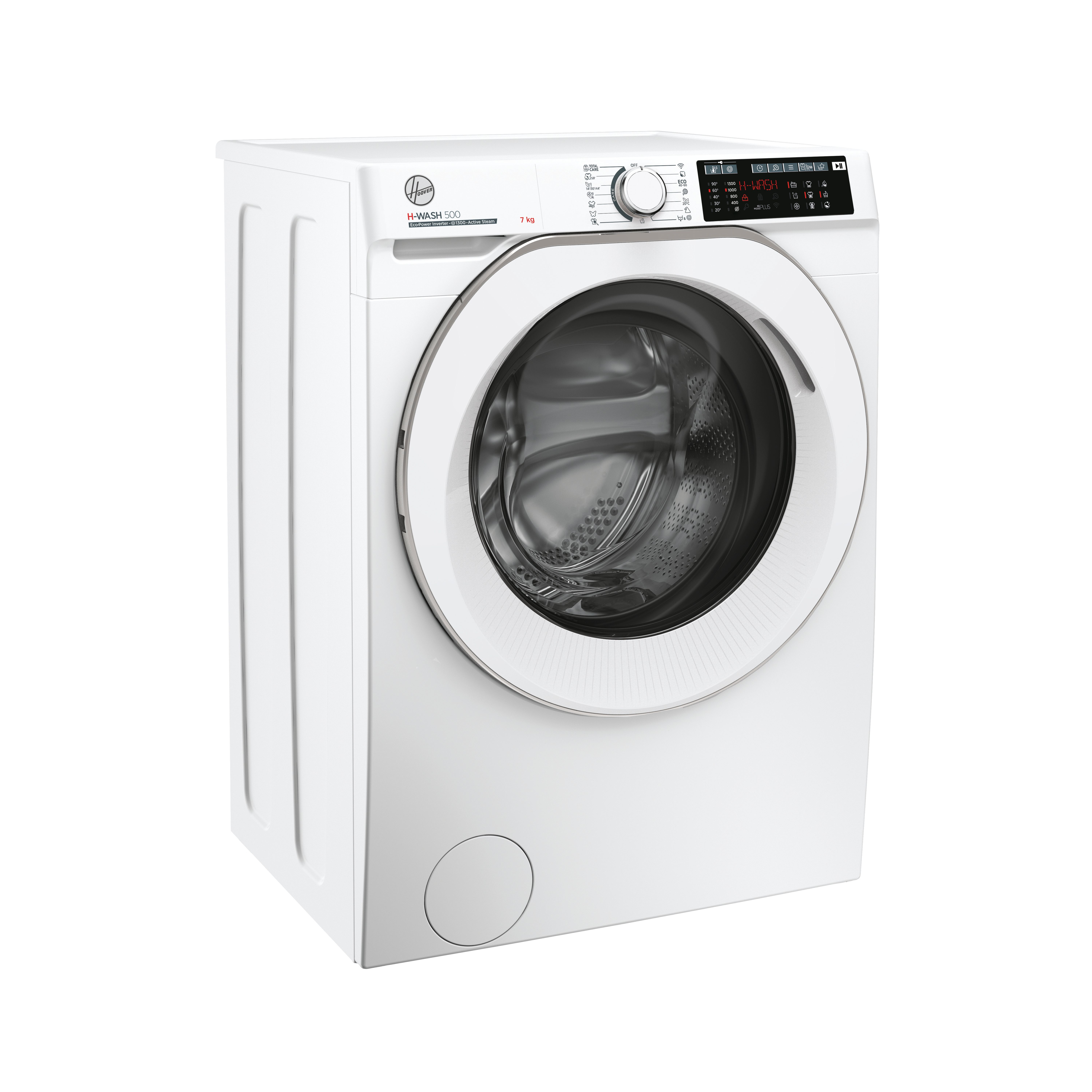 Lavatrice Hoover I-Wash 500 bianca, vista angolata. Mostra la parte anteriore e laterale, con display digitale.