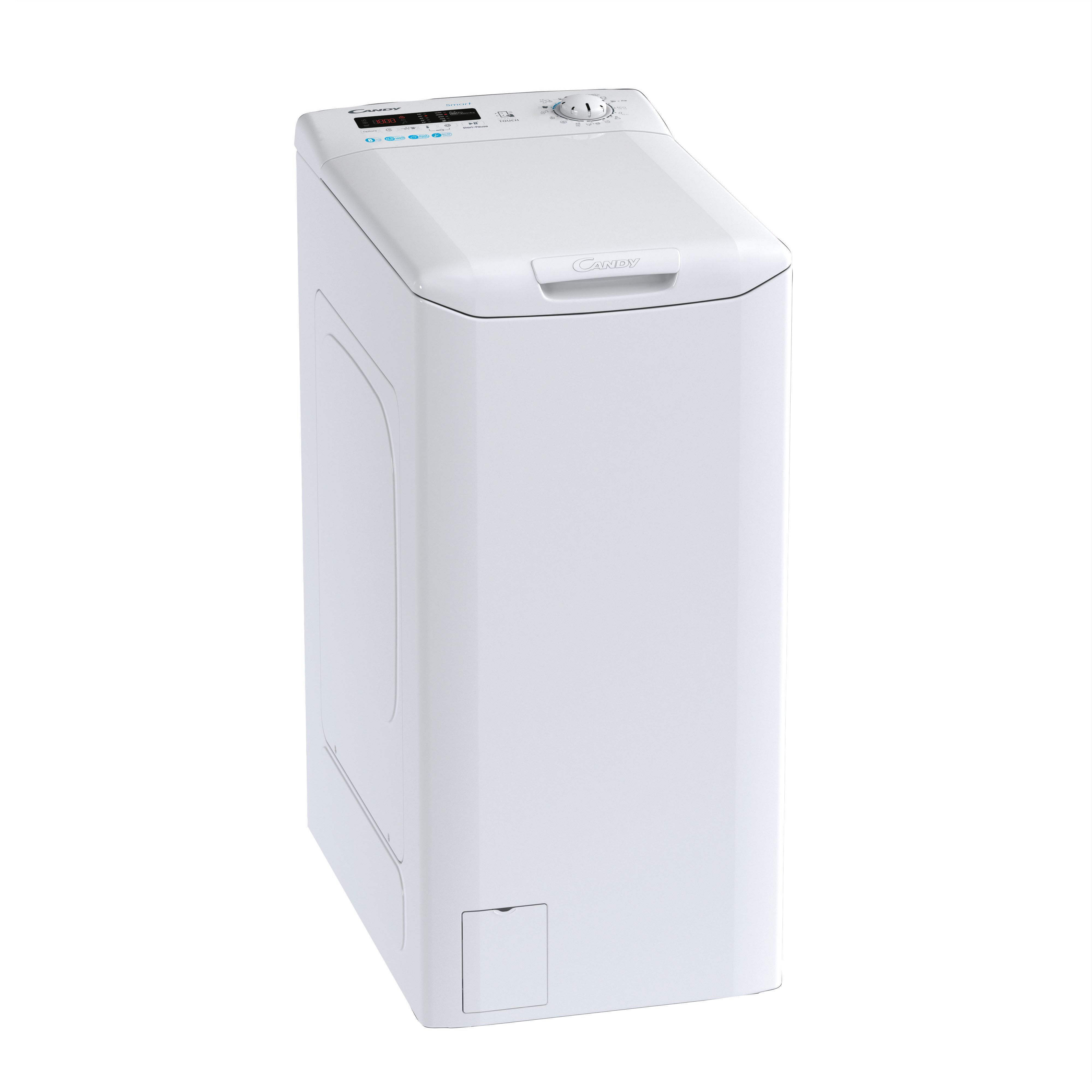 Una lavadora de carga superior blanca. Tiene tapa, panel de control y puerta de acceso inferior.