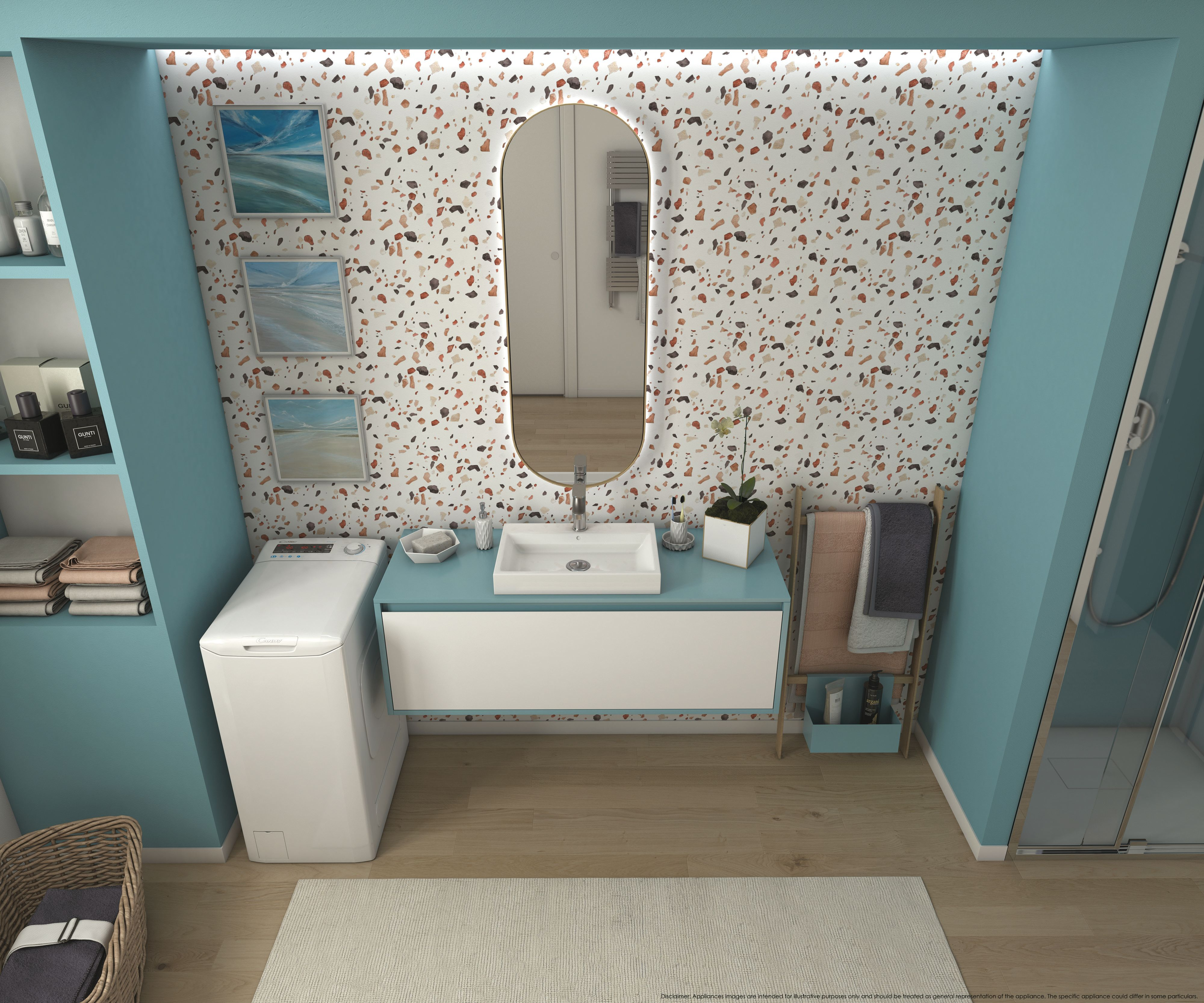 Baño con lavadora, espejo y lavabo. La pared tiene un patrón decorativo.