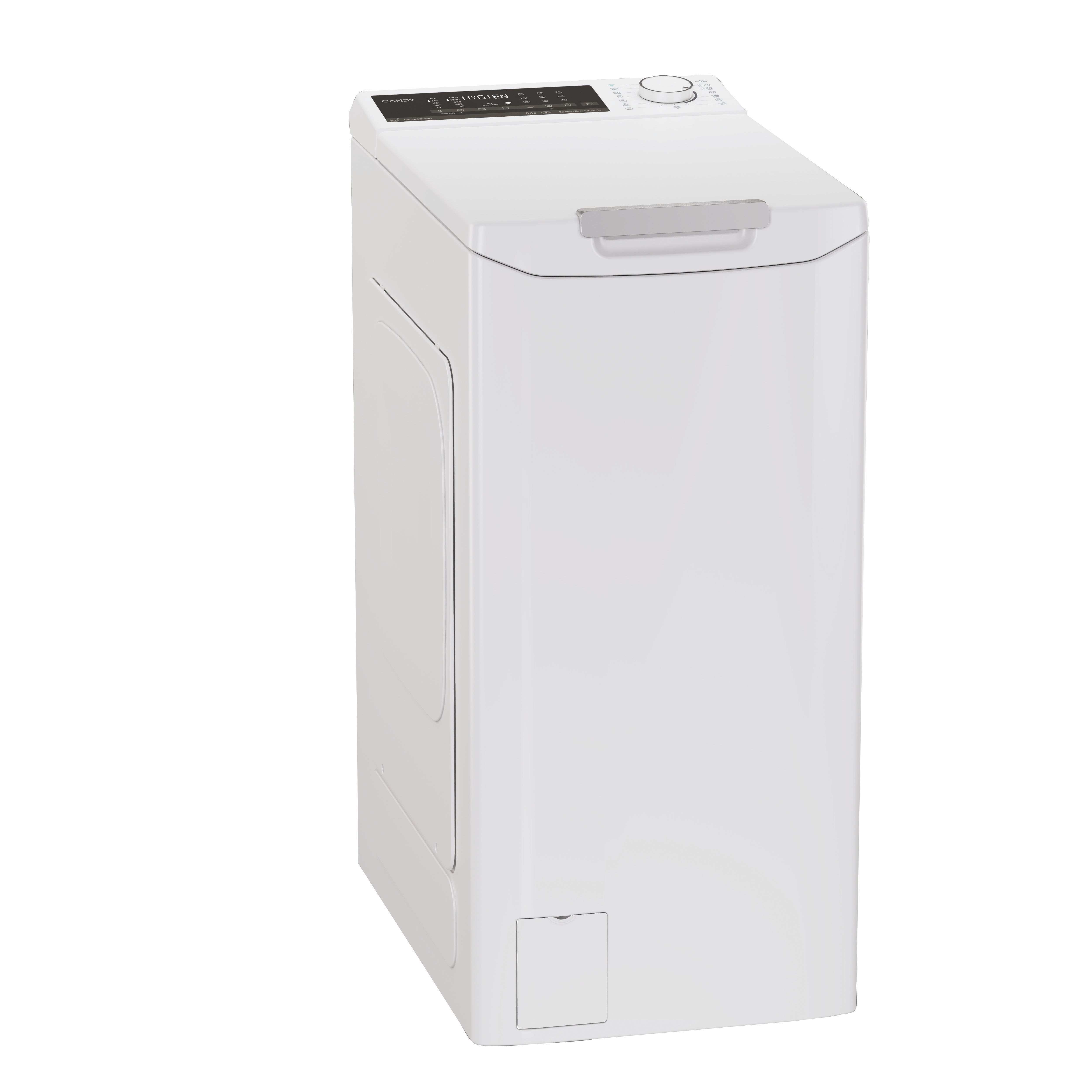 Biała pralka ładowana od góry, widok z boku, panel sterowania i małe drzwiczki.