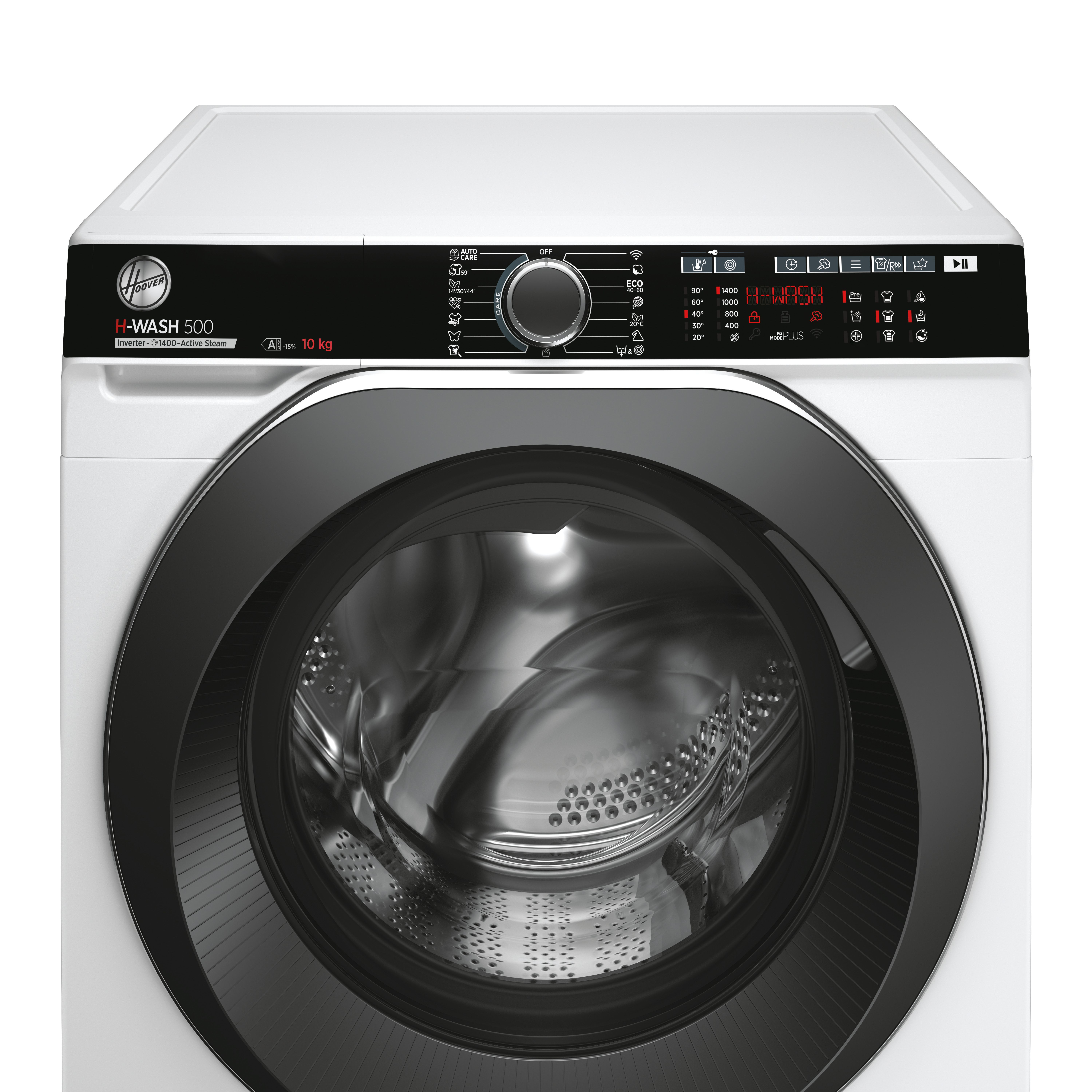 Una lavatrice Whirlpool grigio scuro con la porta aperta, che mostra il cestello. Il pannello comandi è nero.