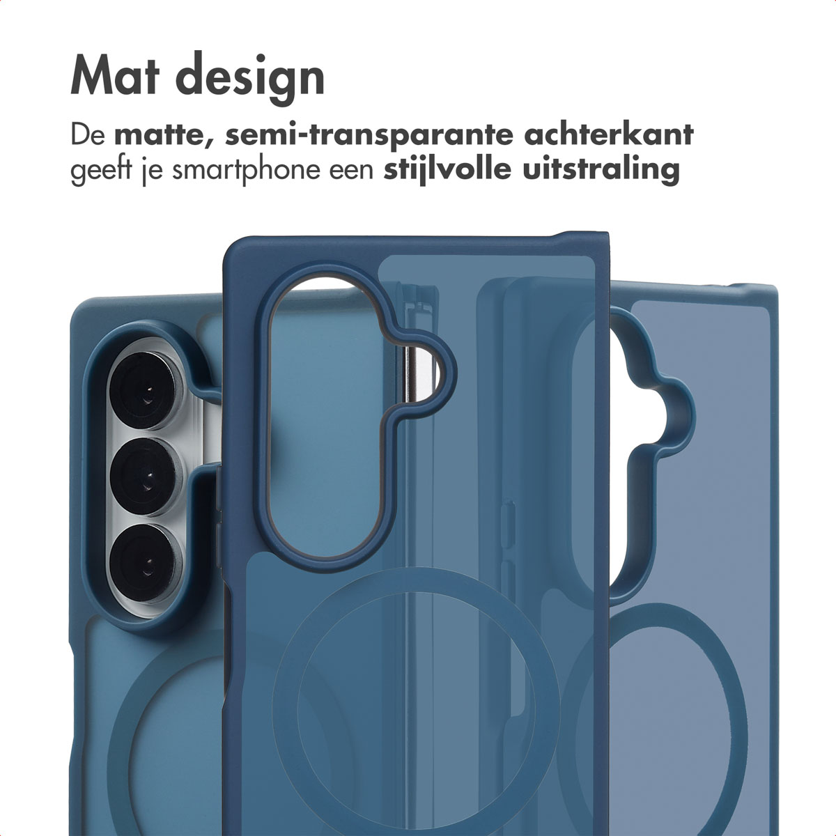 Telefoonhoesjes met een matte, semi-transparante achterkant. De achtergrond is blauw.