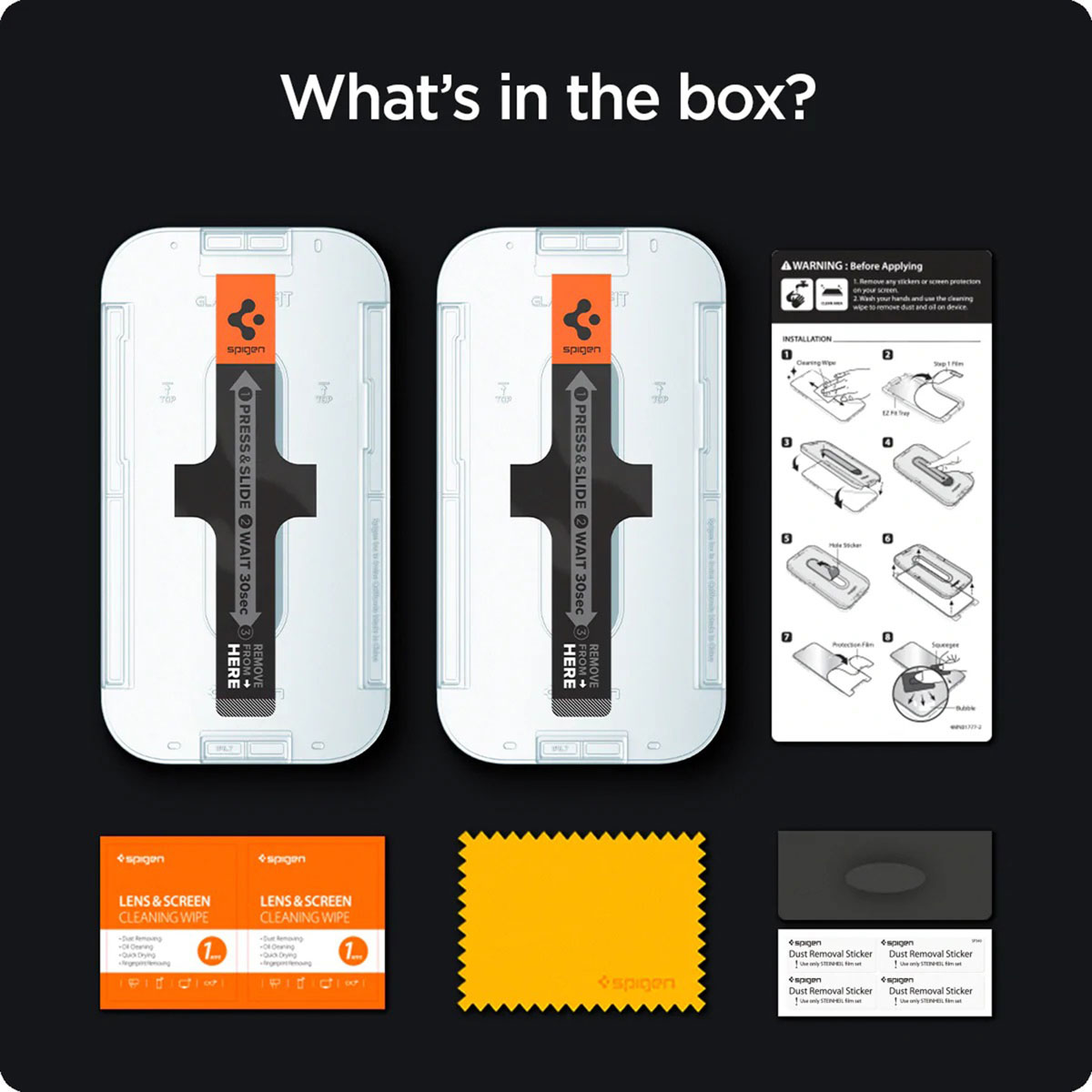 Opakowanie z dwoma ochraniaczami ekranu, chusteczkami czyszczącymi, ściereczką i instrukcjami.