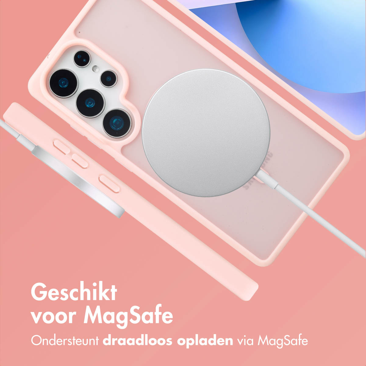 Een roze telefoonhoesje met een magnetische oplader. De telefoon wordt ondersteund met verhoogde randen.