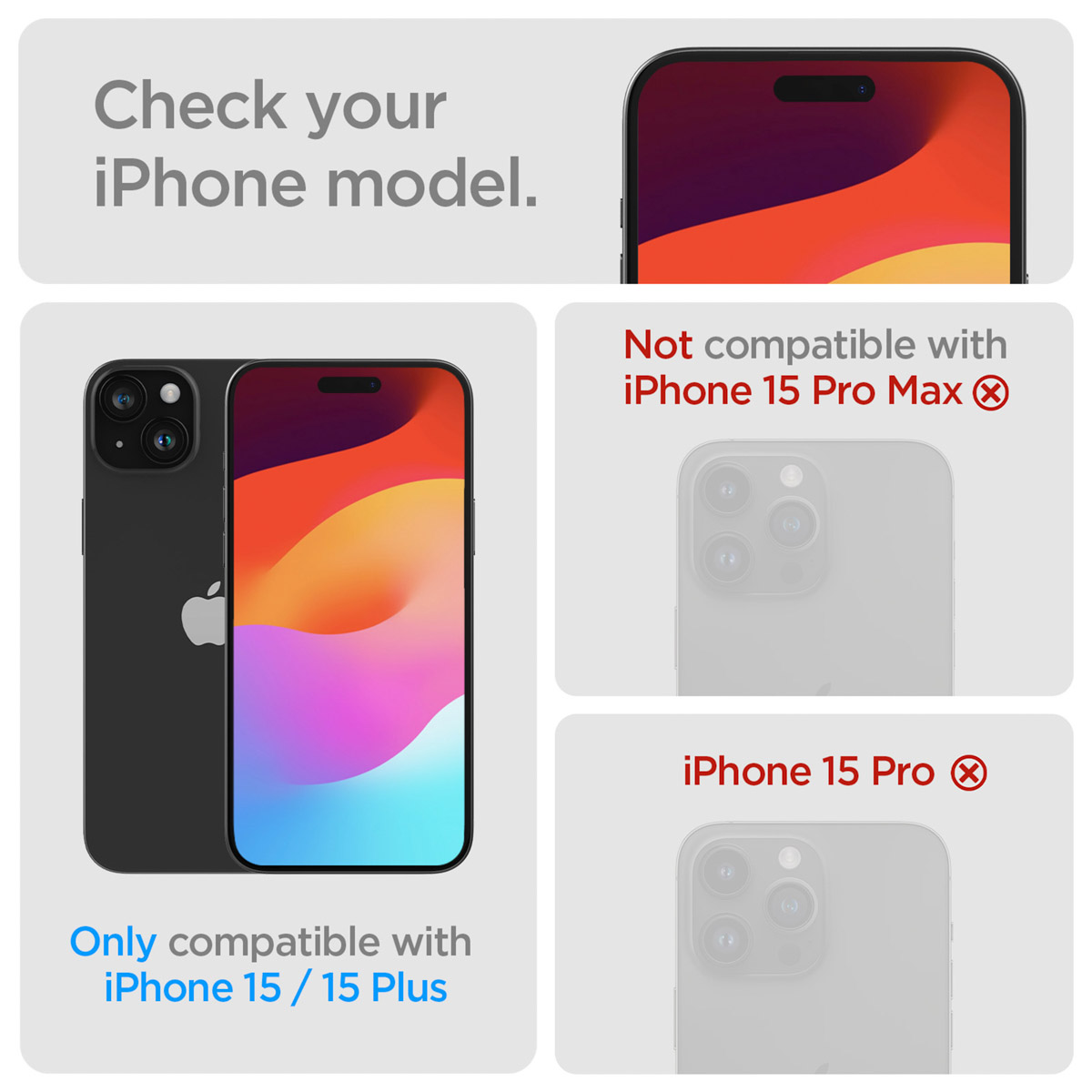 Schemat kompatybilności iPhone. Kompatybilny z iPhone 15/15 Plus. Nie dla iPhone 15 Pro Max.