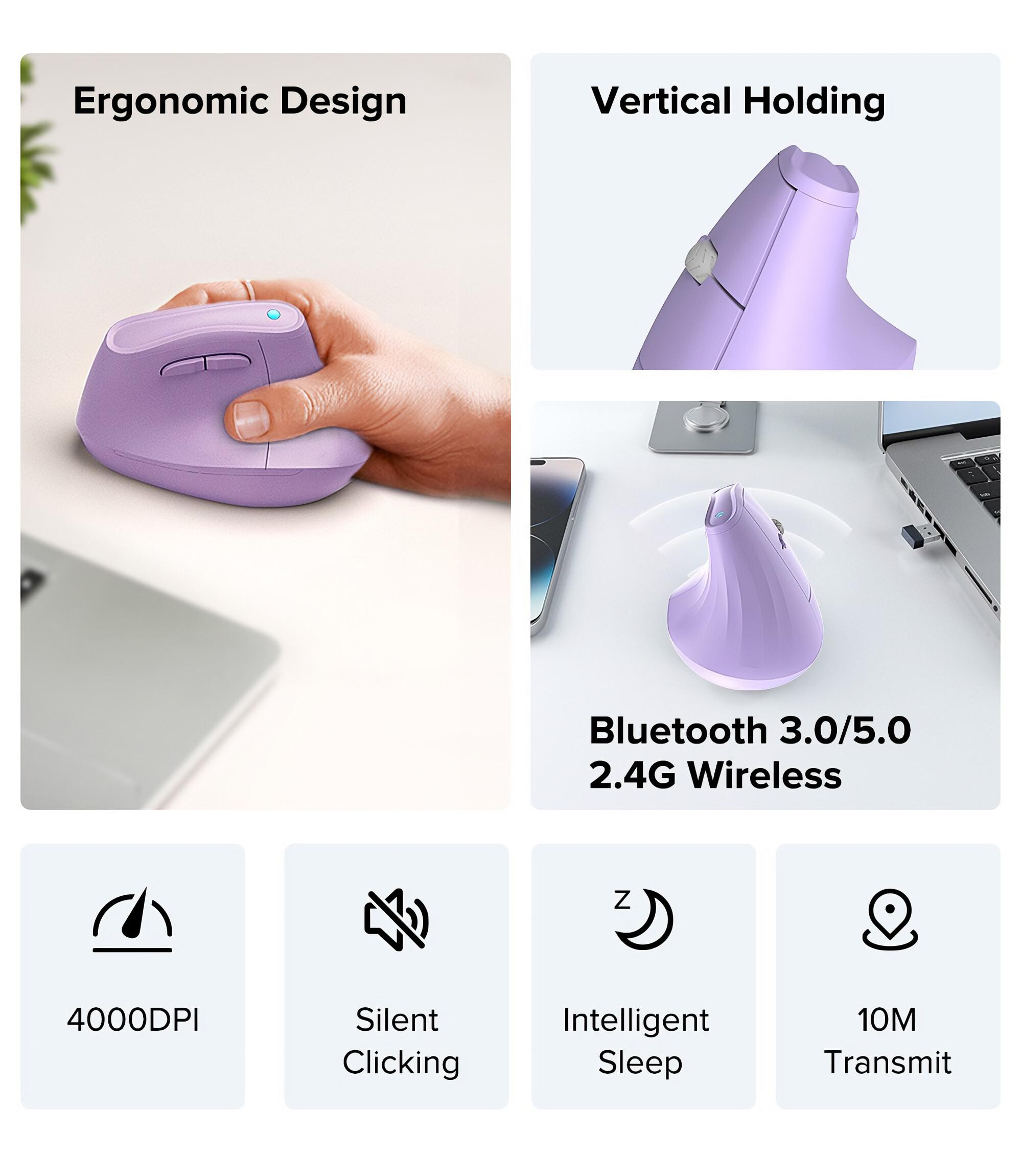 Werbung für eine ergonomische lila Maus mit Funktionen wie DPI, leisem Klicken und drahtlosem Betrieb.