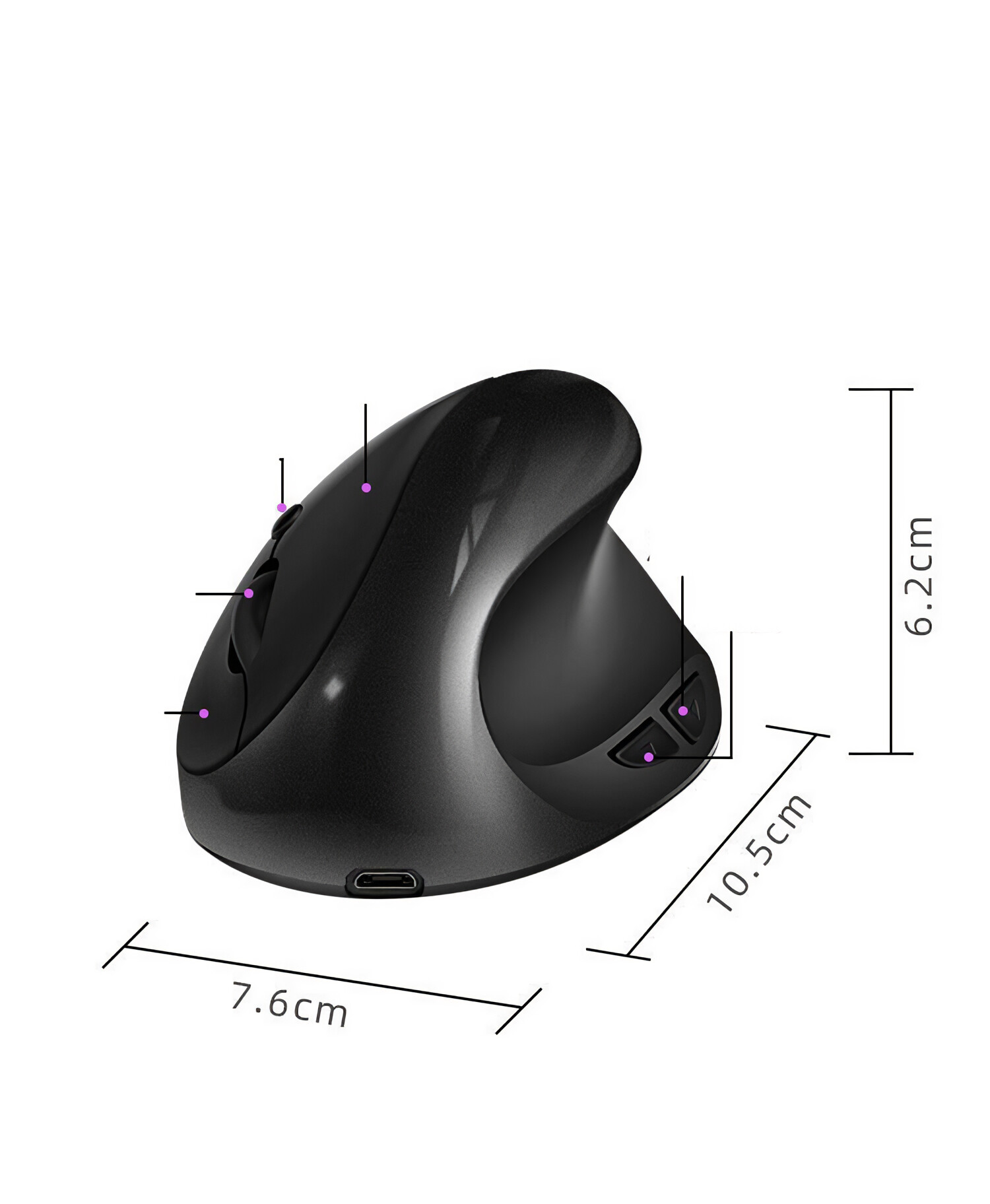 Eine schwarze ergonomische Maus mit den Maßen: 7,6 cm breit, 10,5 cm lang und 6,2 cm hoch.