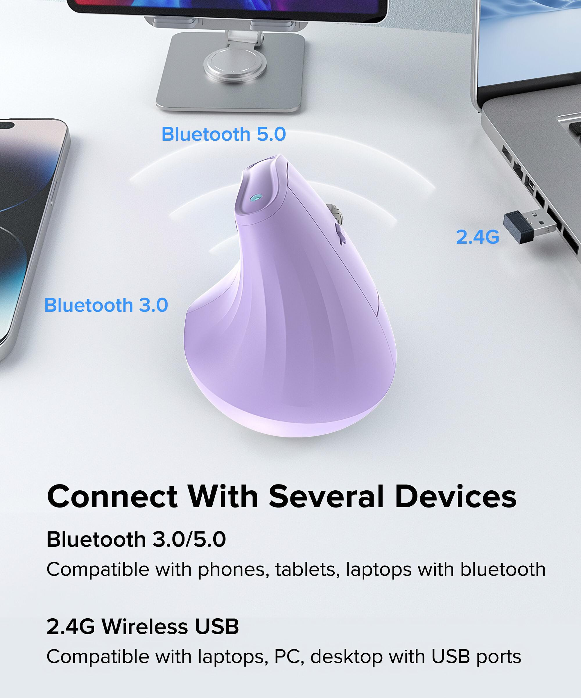 Eine ergonomische lila Maus. Text zeigt, dass sie sich über Bluetooth und 2.4G USB mit mehreren Geräten verbindet.