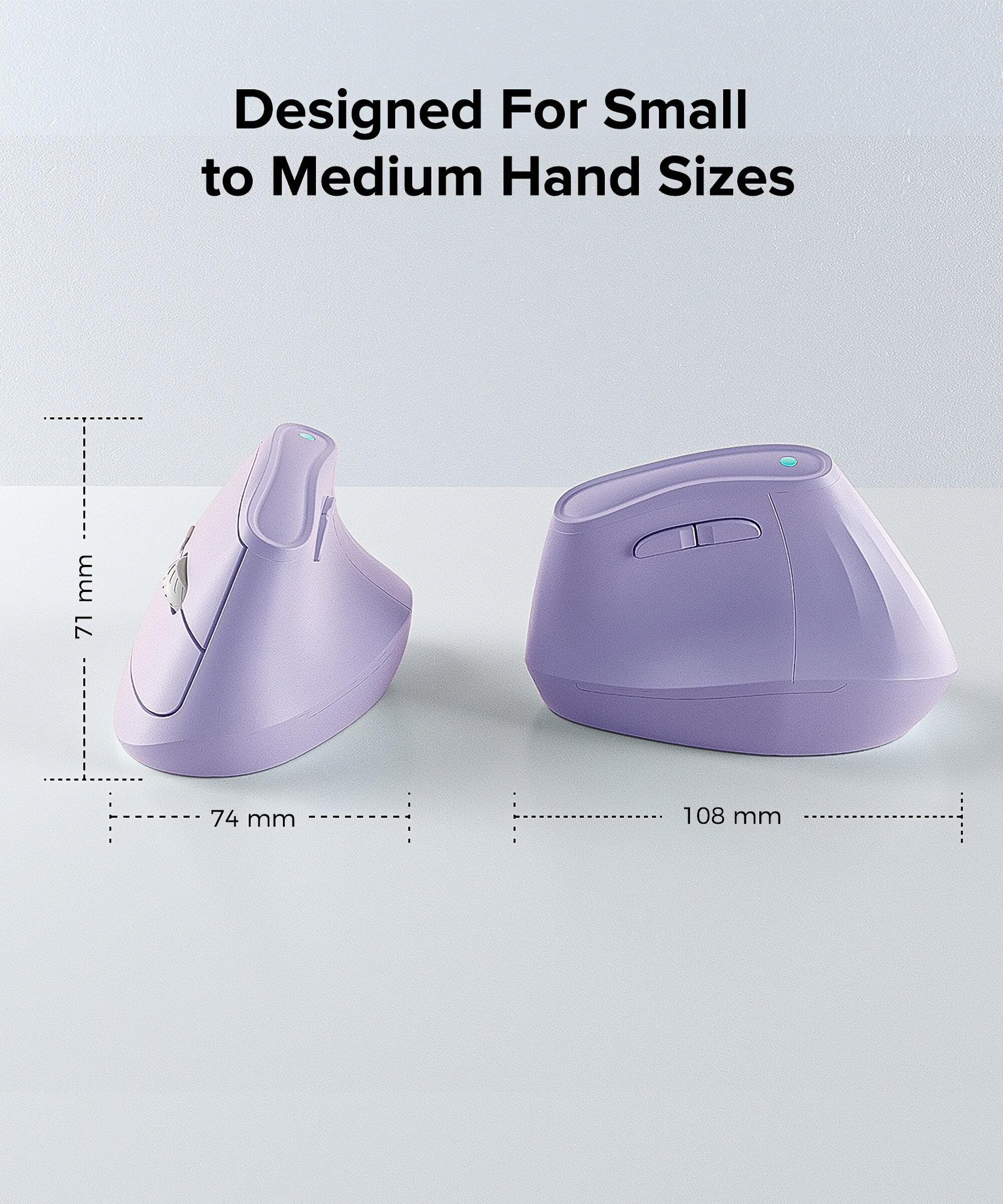 Zwei lila ergonomische Mäuse. Abmessungen sind gezeigt. Für kleine bis mittlere Hände.