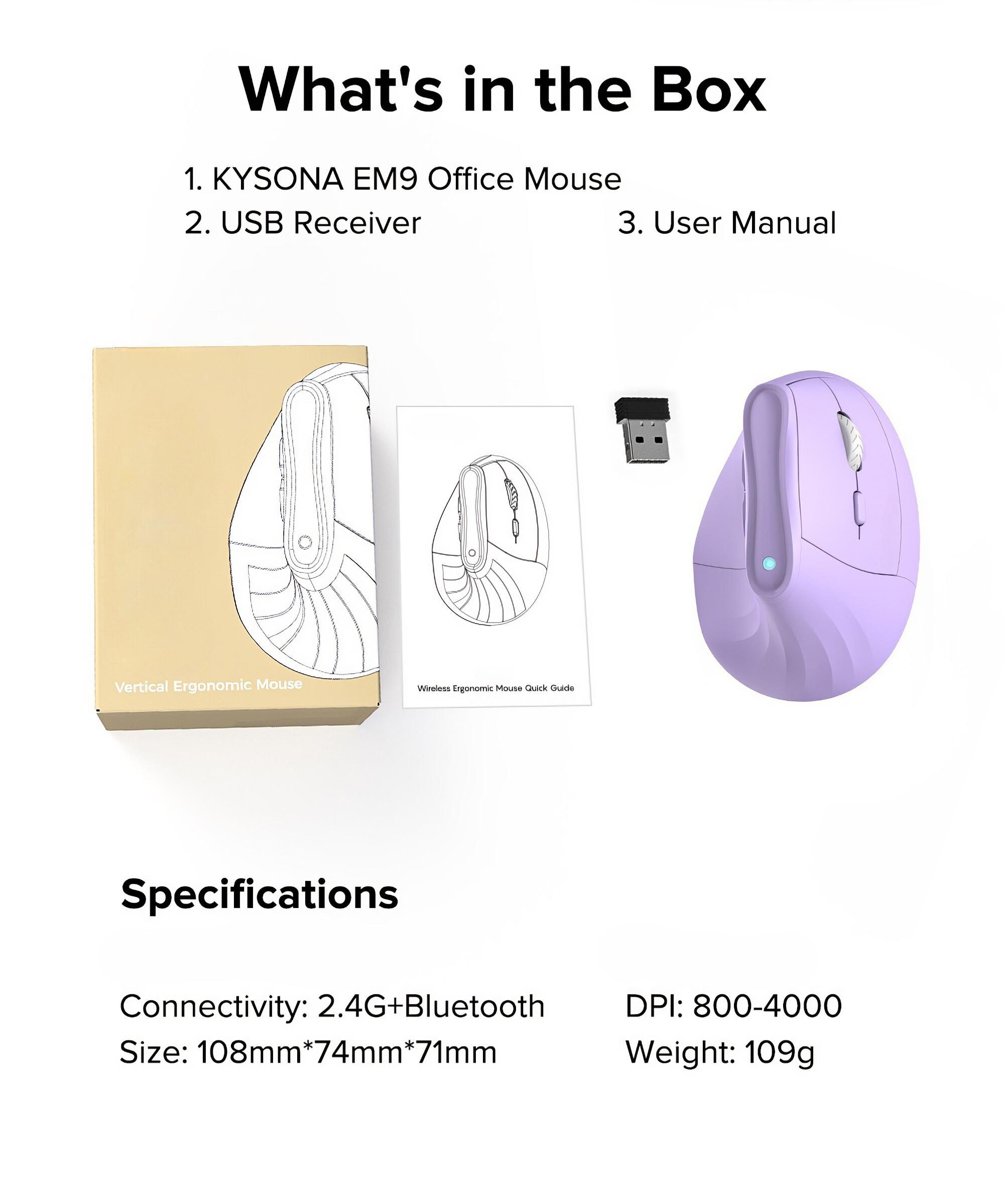 Lila ergonomische Maus mit Karton, USB-Empfänger und Benutzerhandbuch.