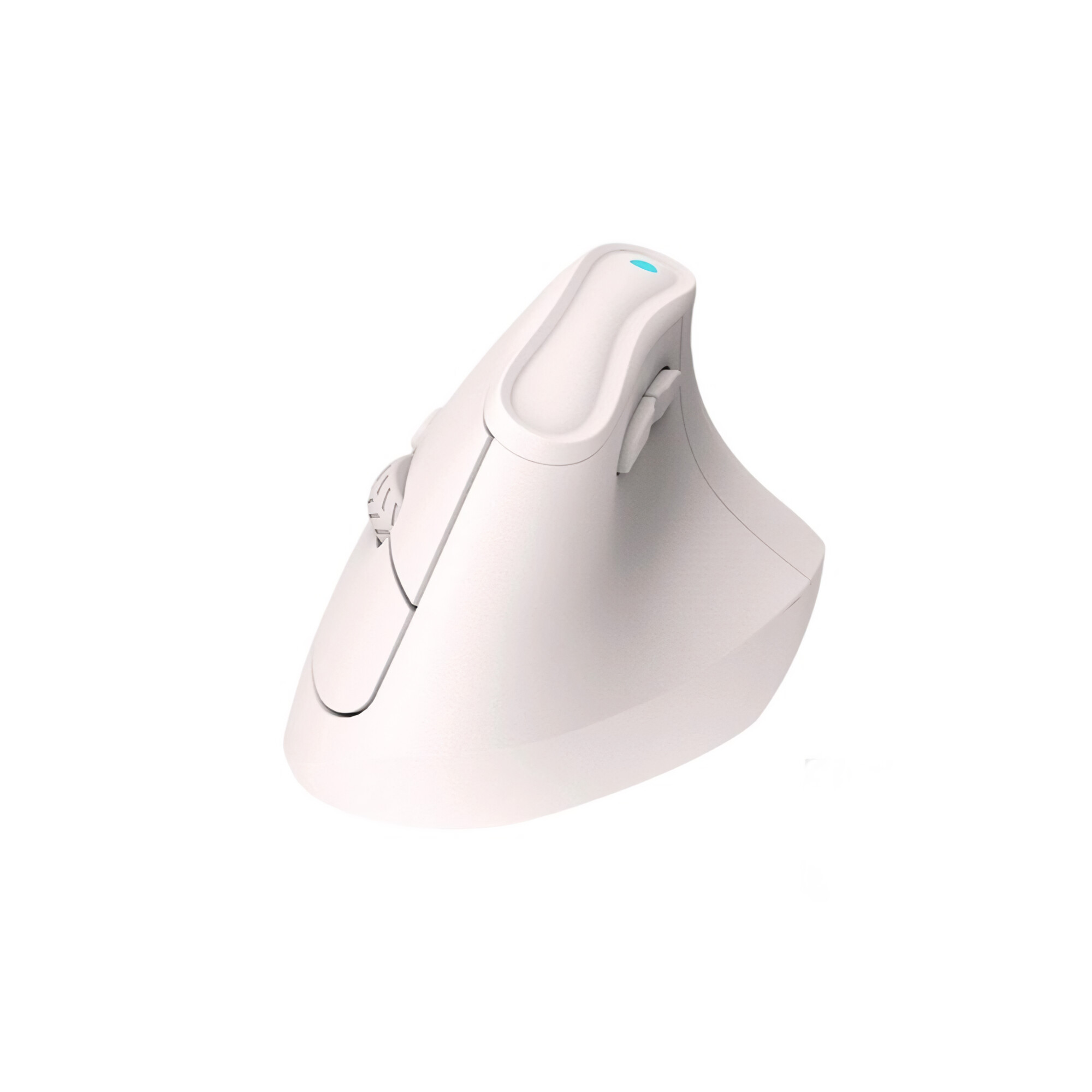 Weiße ergonomische Maus mit USB-Empfänger. Sie hat ein vertikales Design.