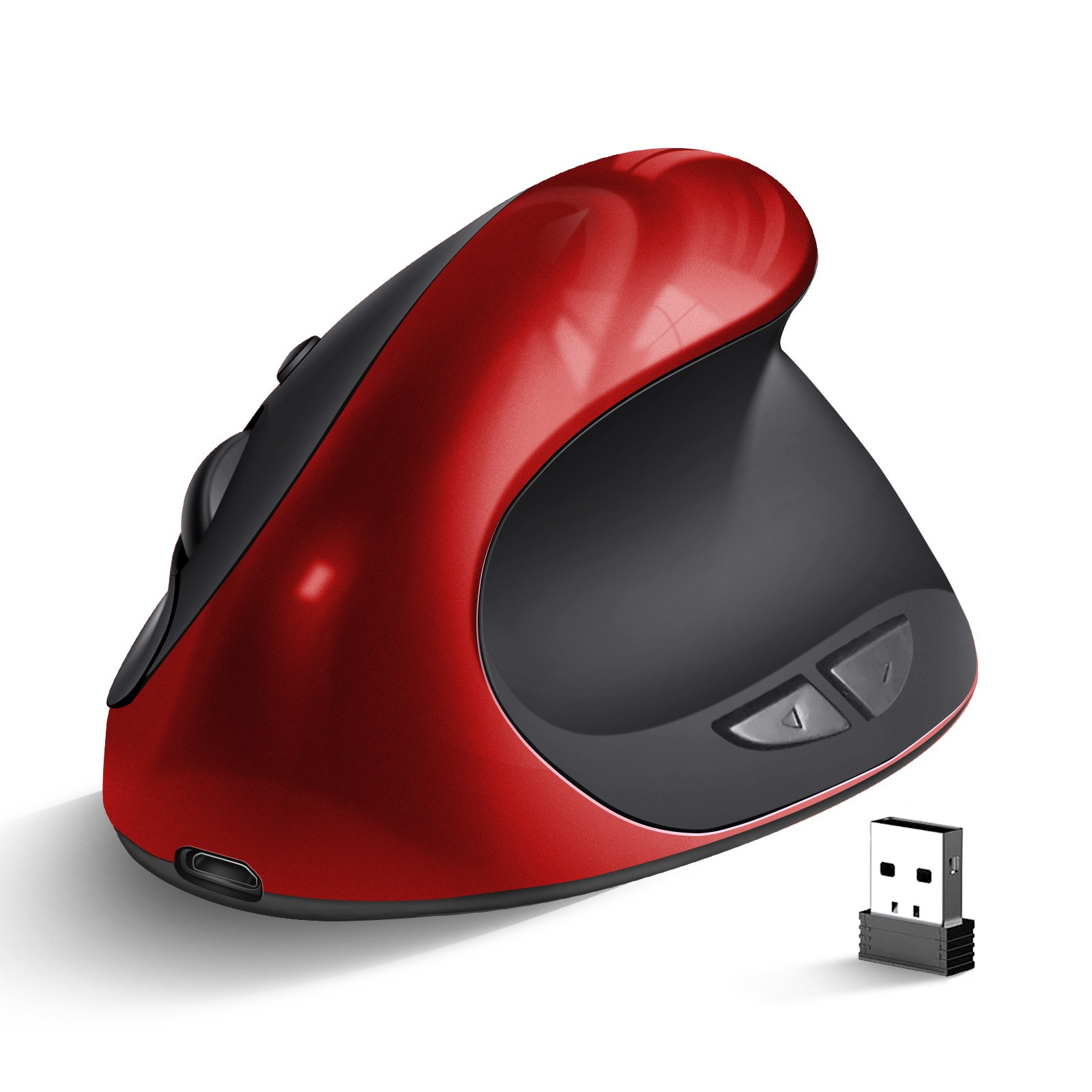 Schwarze und rote ergonomische Maus mit USB-Empfänger.
