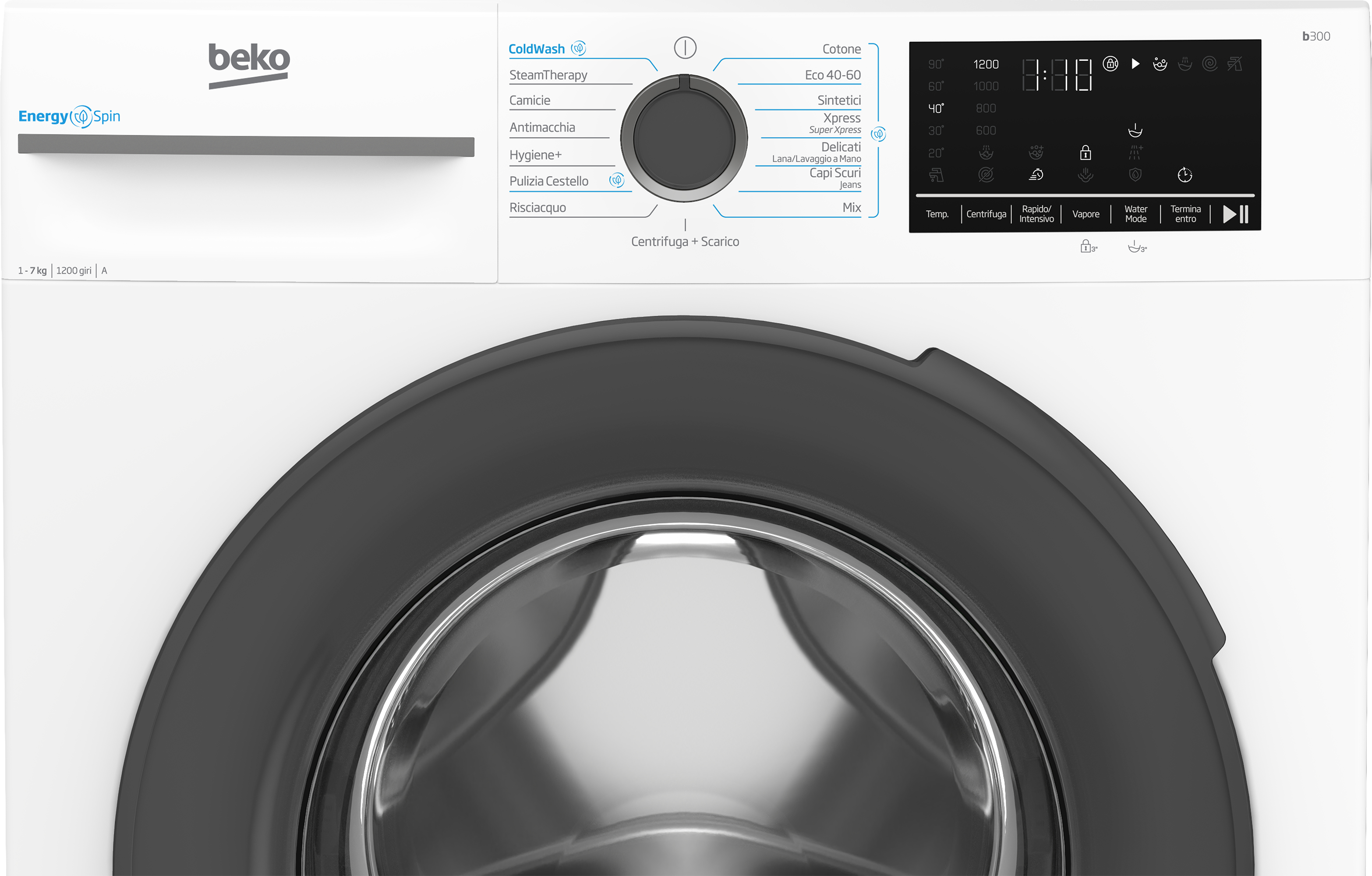 Primo piano del pannello di controllo e dello sportello di una lavatrice Beko. Il pannello mostra varie impostazioni, lo sportello è aperto.