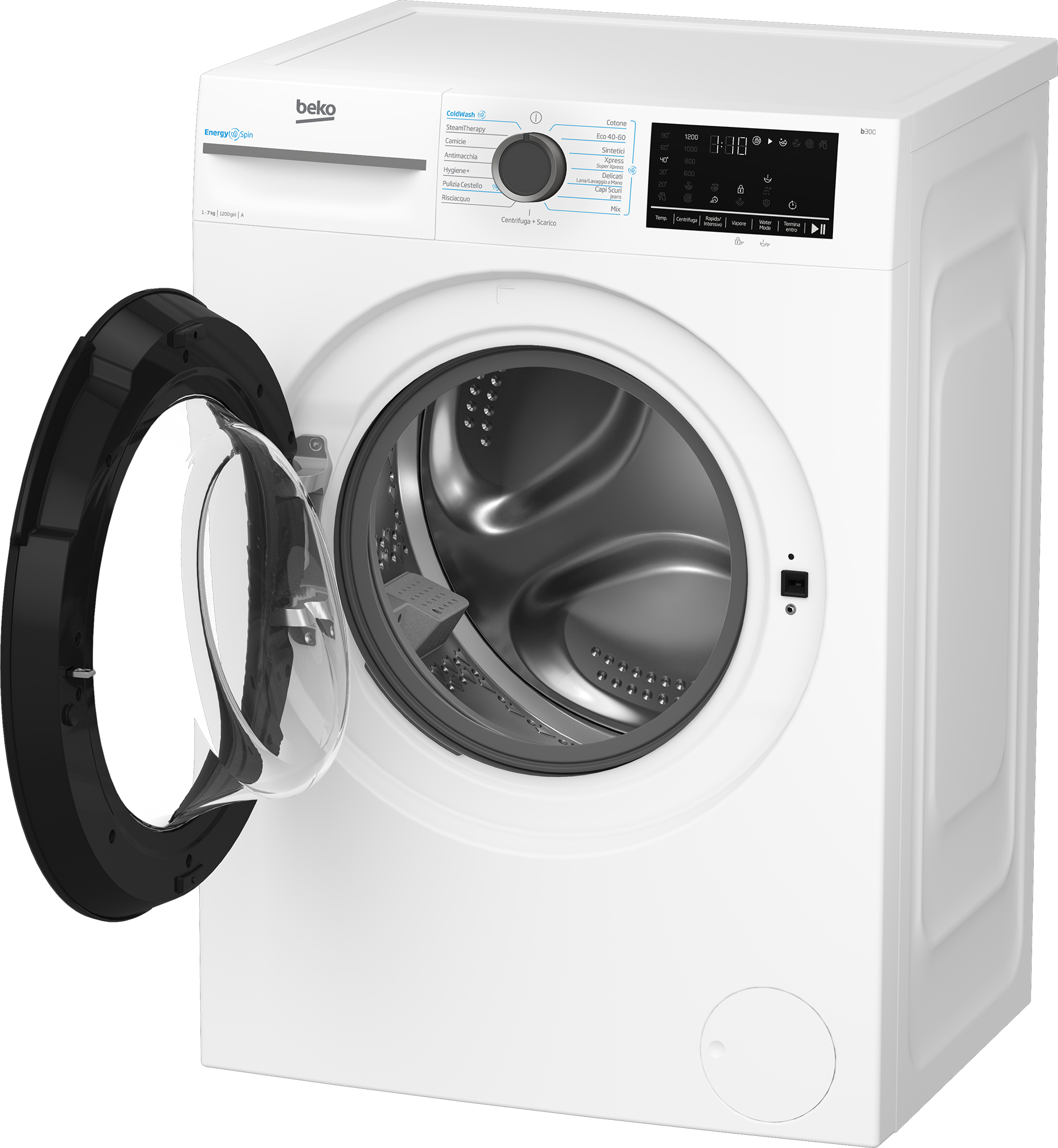 Vista frontale di una lavatrice Beko con porta aperta, che mostra il suo cestello in acciaio inossidabile e il pannello di controllo intuitivo.