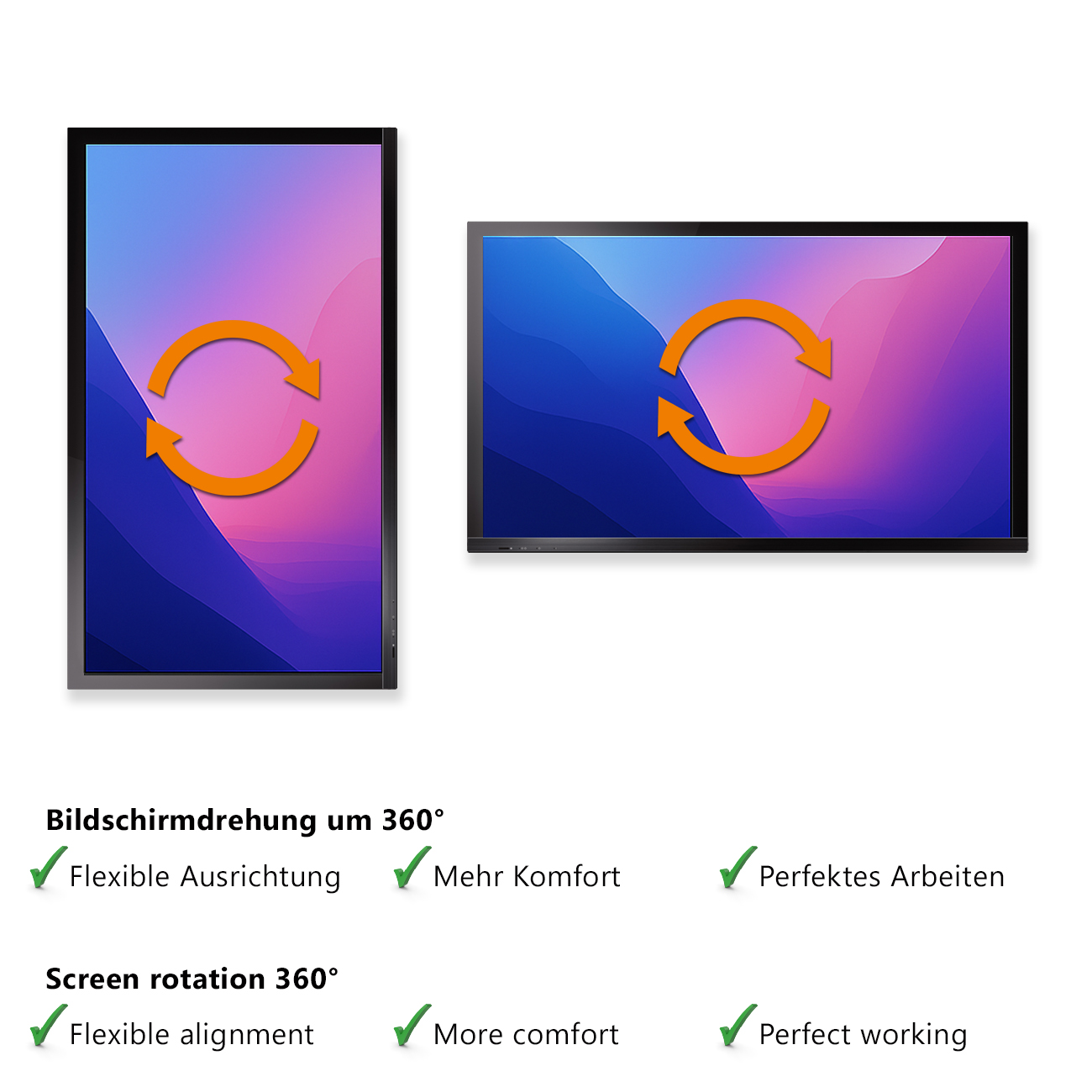 Zwei Bildschirme nebeneinander mit orangefarbenen Pfeilen, die 360-Grad-Drehung zeigen. Text auf Deutsch.