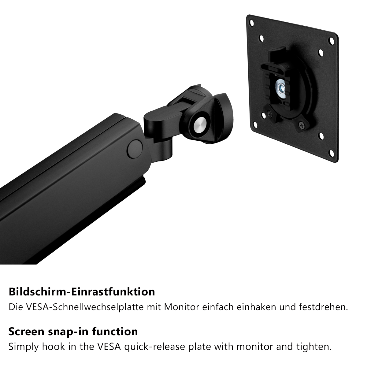 Schwarzer Monitorarm mit VESA-Schnellwechselplatte. Text auf Deutsch zur Funktion.