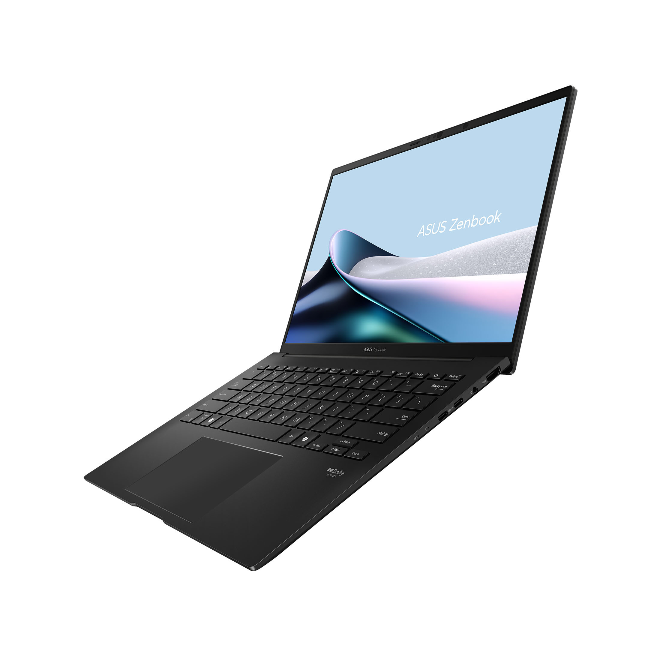 Schwarzes ASUS Zenbook Laptop, abgewinkelte Ansicht.