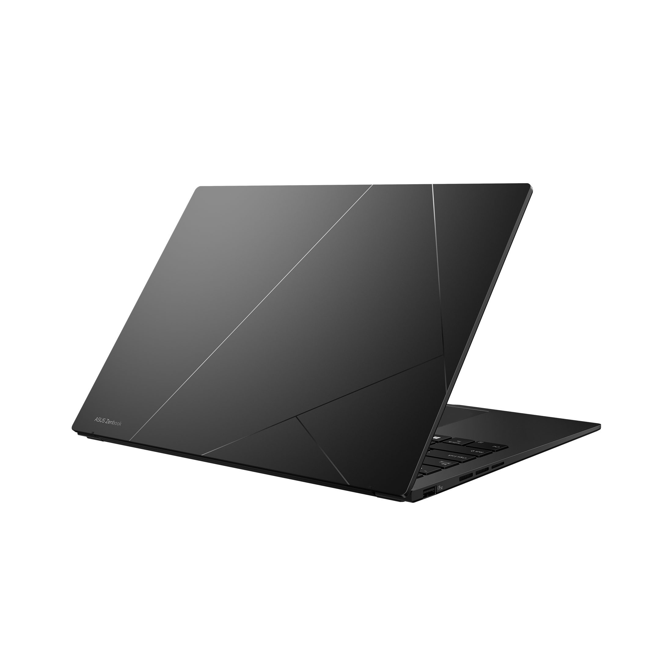 Schwarzes ASUS Zenbook Laptop, geschlossen, angewinkelter Blick auf den Deckel mit Logo.