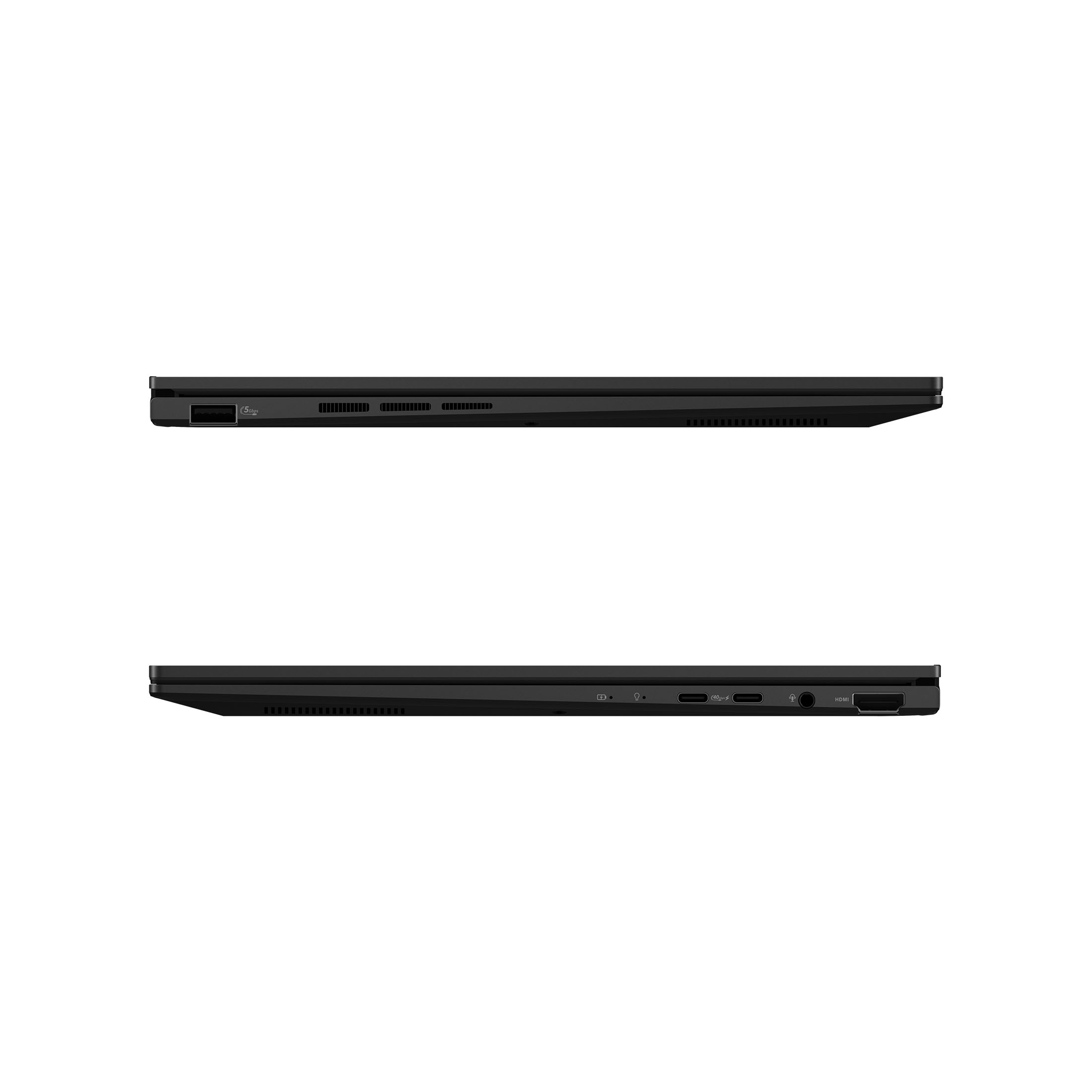 Schwarzer Laptop im Profil, Anschlüsse sichtbar.