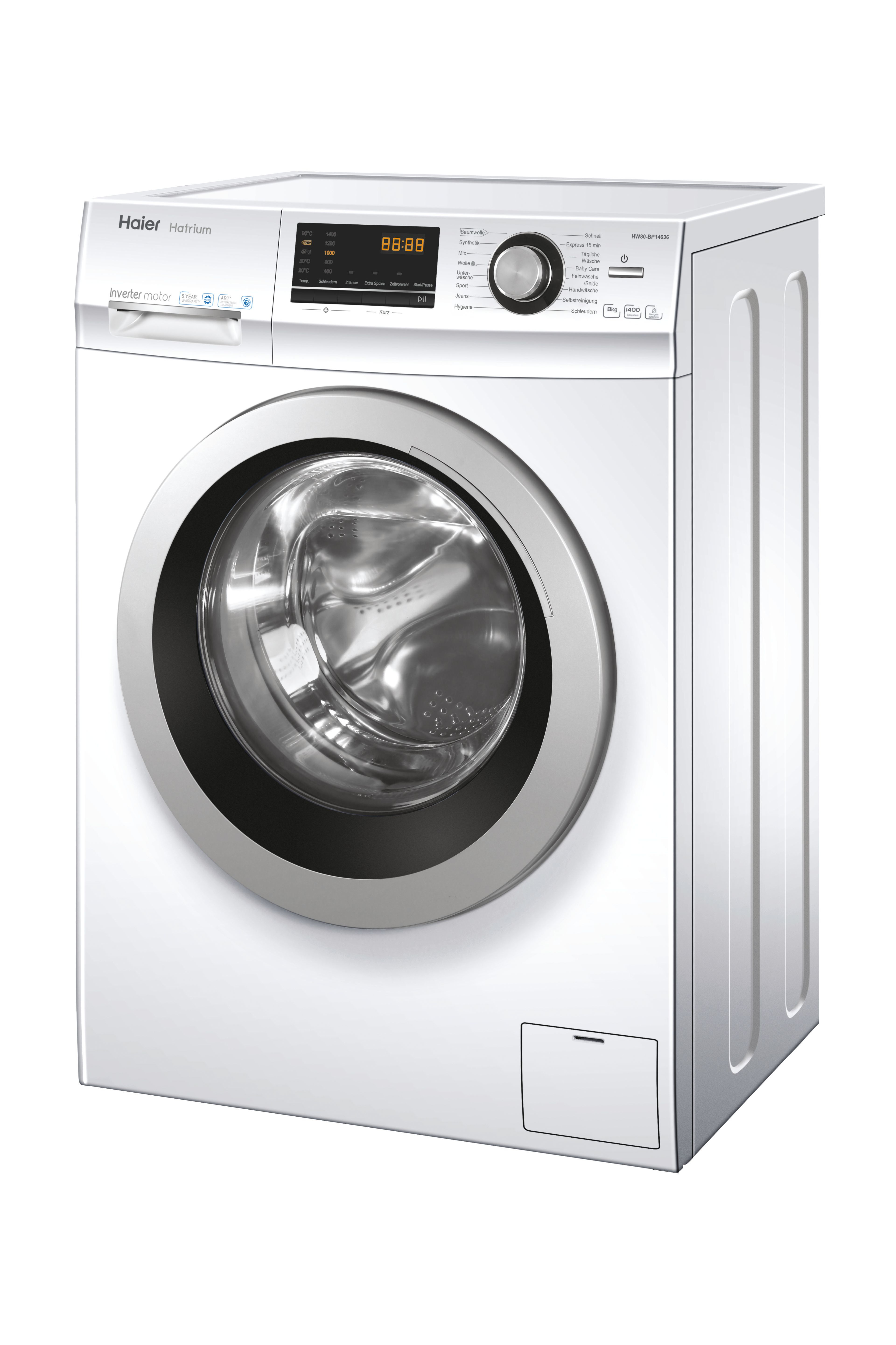 Weiße Haier Waschmaschine mit runder Tür und Digitalanzeige mit 88:88.