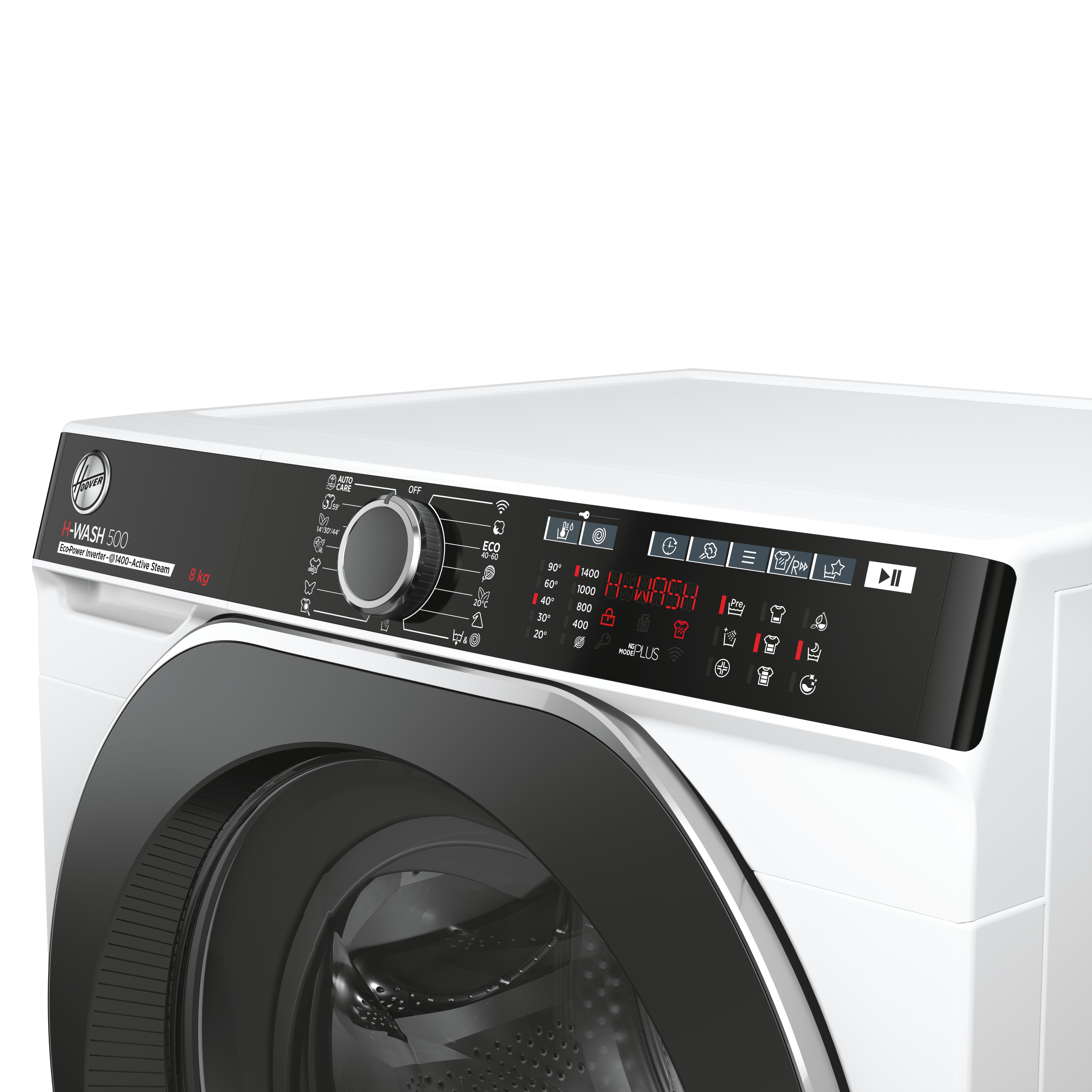 Nahaufnahme des Bedienfelds einer weiß-schwarzen Waschmaschine mit Knöpfen und Display.