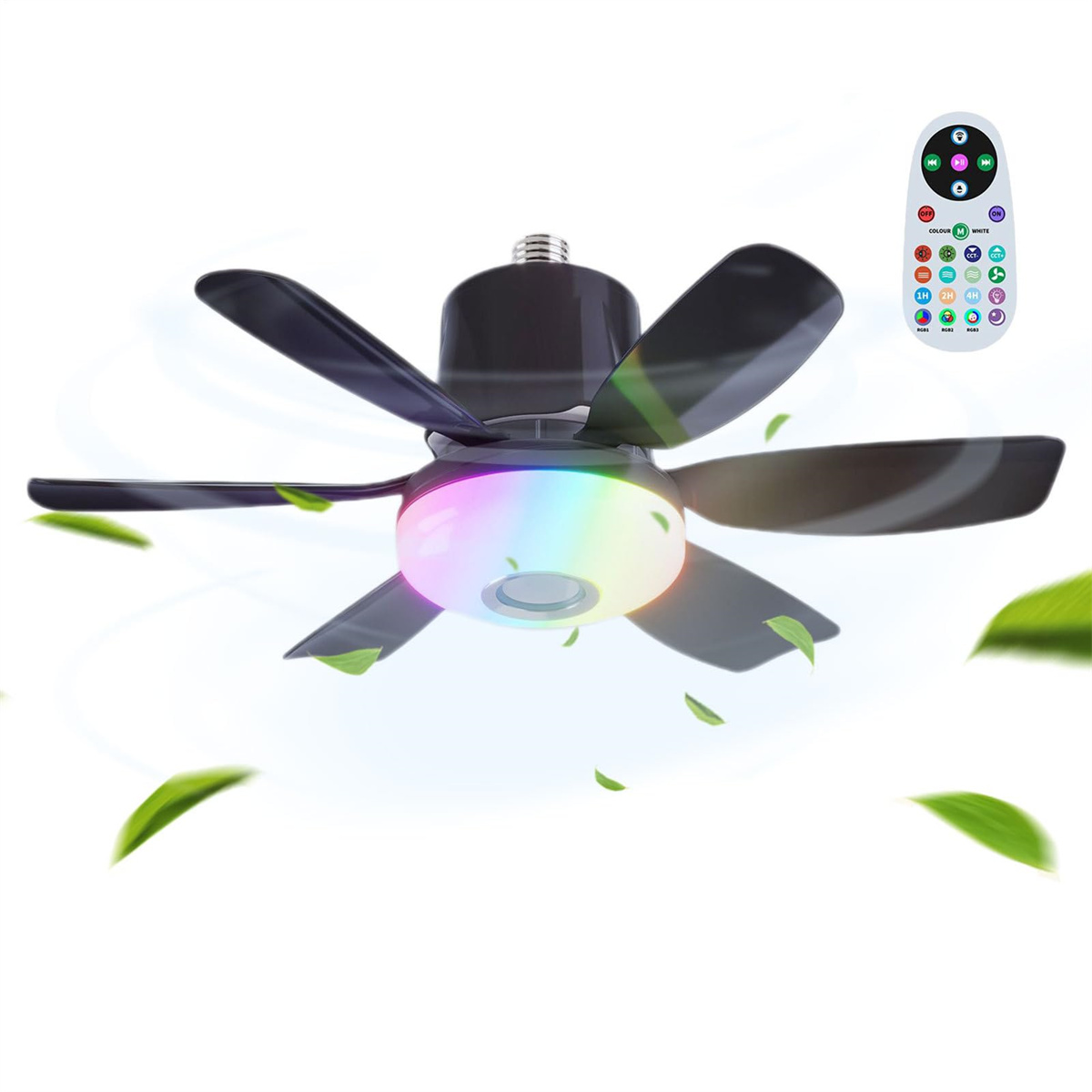 Ein schwarzer Deckenventilator mit sechs Flügeln und einem farbwechselnden Licht, mit Fernbedienung.