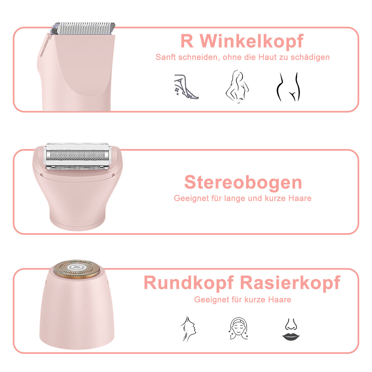 Nahaufnahme der Köpfe eines rosa Rasierers, die verschiedene Arten von Schnitten und Anwendungen zeigen.