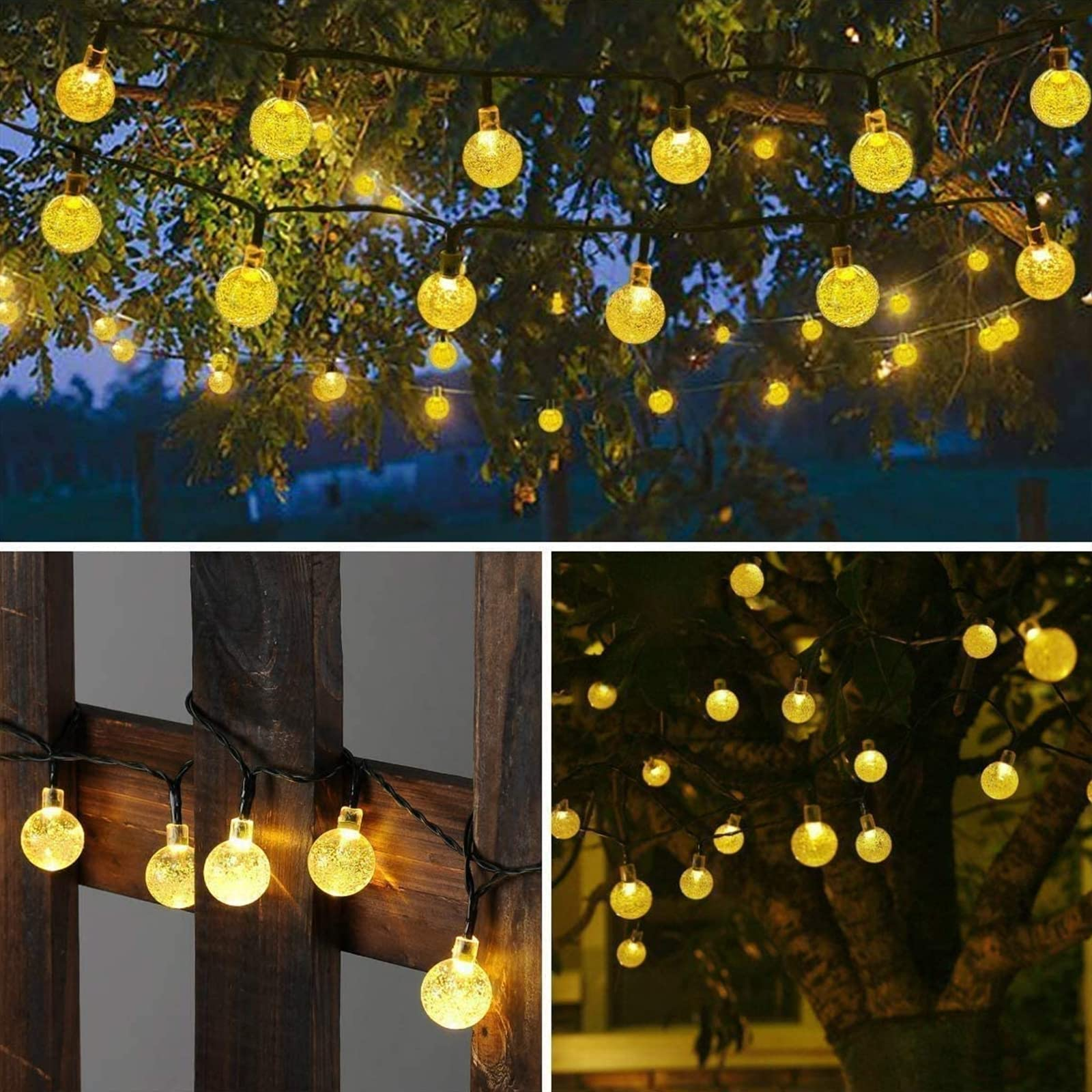 Mehrere Stränge gelber Kugel-Lichter, die in Bäumen und an Holzzäunen hängen.