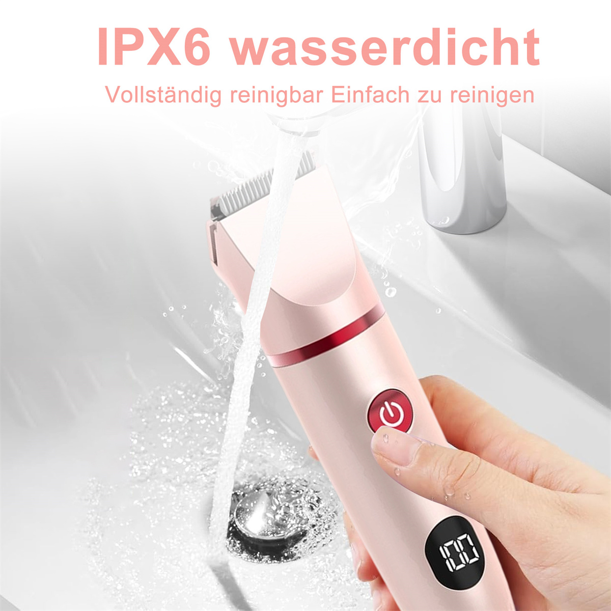 Ein rosa elektrischer Rasierer in einem Waschbecken mit fließendem Wasser. Es gibt eine Digitalanzeige.