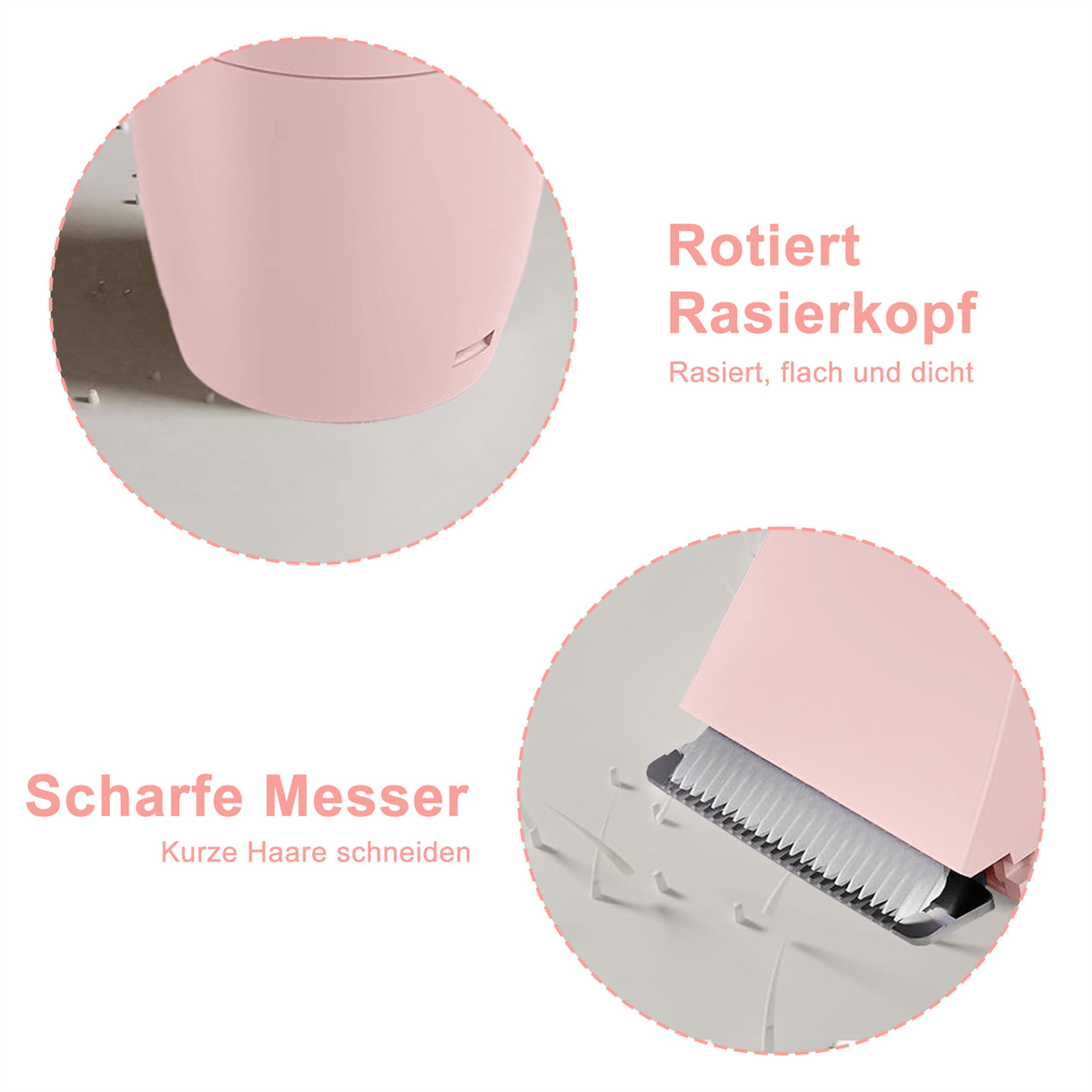 Zwei Bilder eines rosa elektrischen Rasierers, die den rotierenden Kopf und die Klingen zeigen.