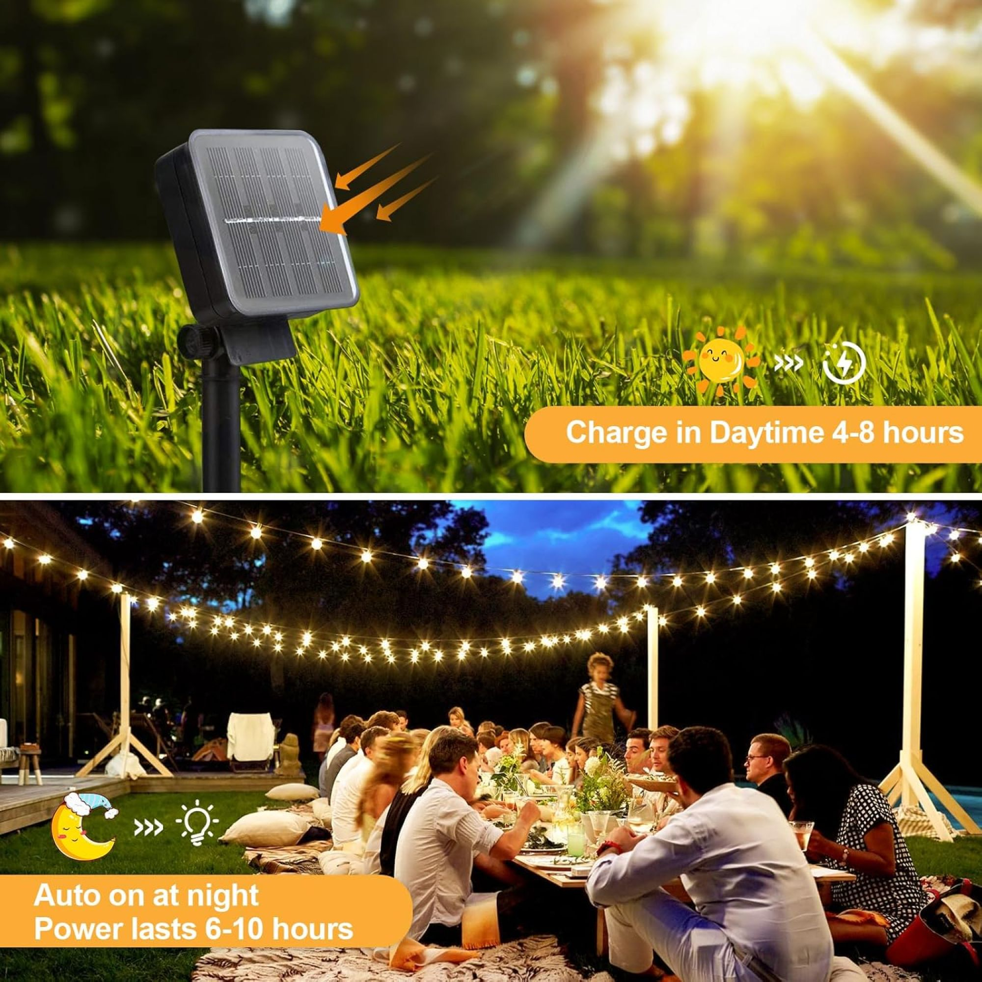 Solarpanel lädt, Lichter bei Nacht, Menschen am Tisch genießen, Solarpanel im Gras.