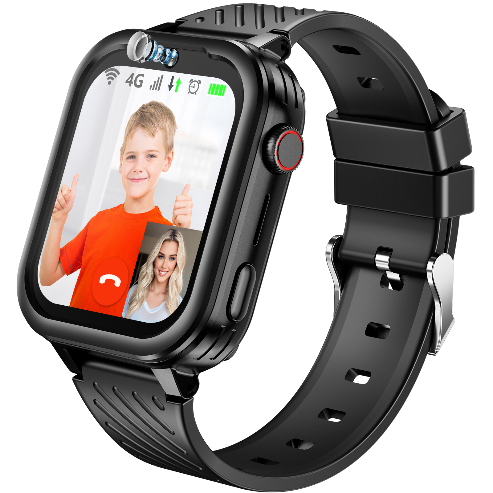 Schwarze Smartwatch mit Videoanruf auf dem Bildschirm. Ein Junge gibt Daumen hoch und eine Frau ist am anderen Ende.