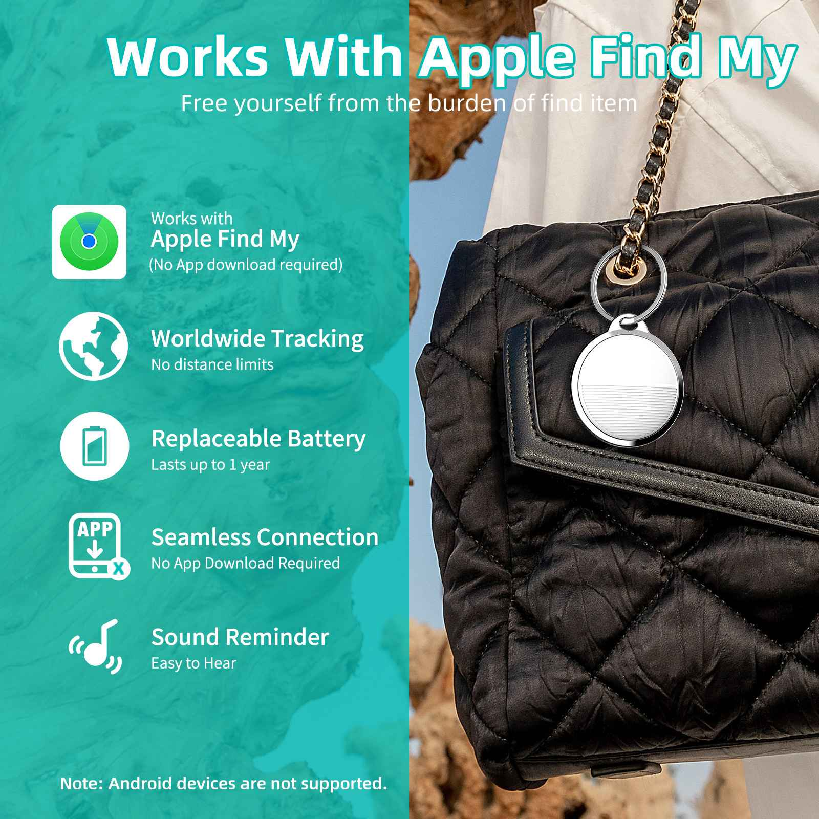 Produktaufnahme einer Tasche mit einem silbernen Gerät. Der Text enthält 'Works With Apple Find My' und Symbole.