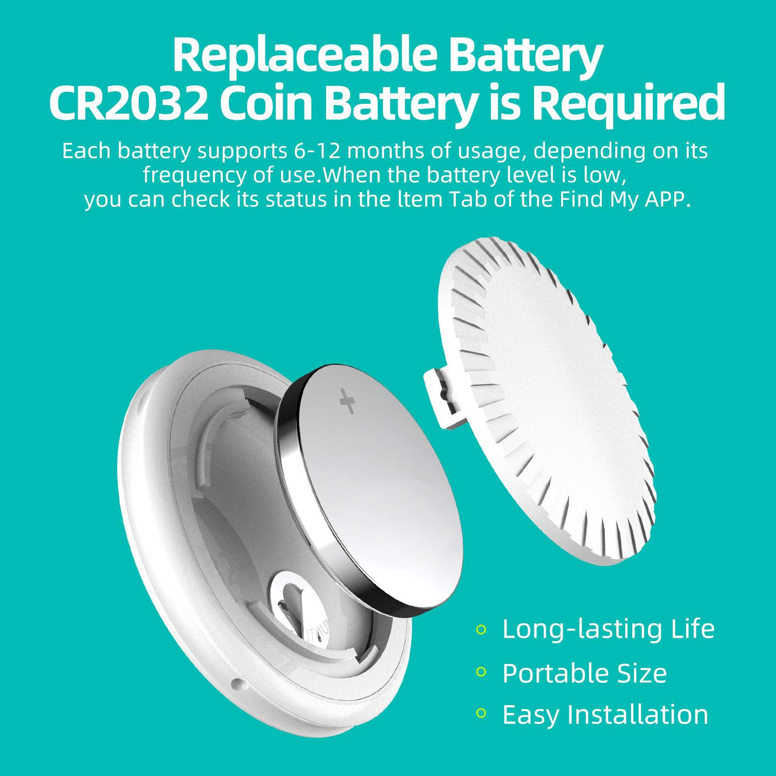 Eine Batterie, entfernt, und ein Batteriefach, das die erforderliche CR2032-Knopfzelle zeigt.